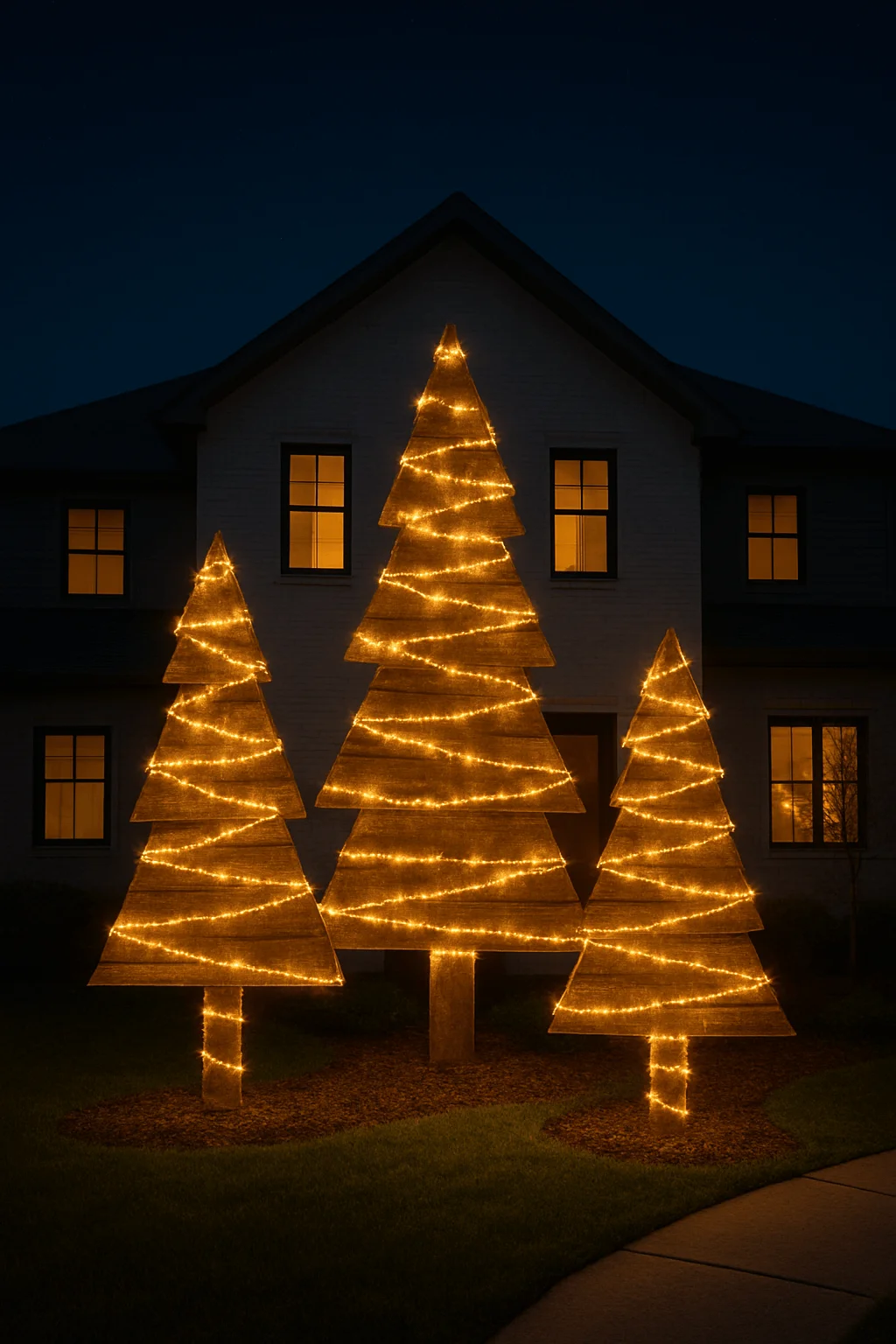 Rustic oversized timber Christmas tree silhouettes wrapped in glowing rope lights, creating a warm DIY holiday yard display