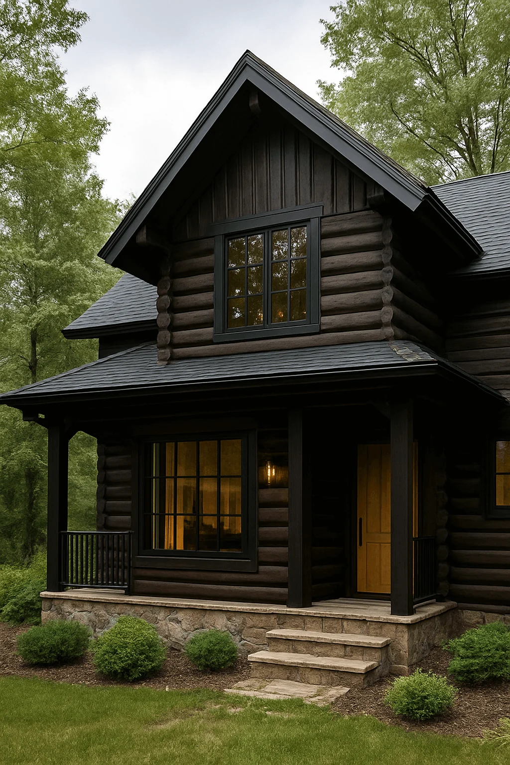 Rustic log cabin exterior with dark wood finishes, stone foundation, black trim windows, and warm interior lighting