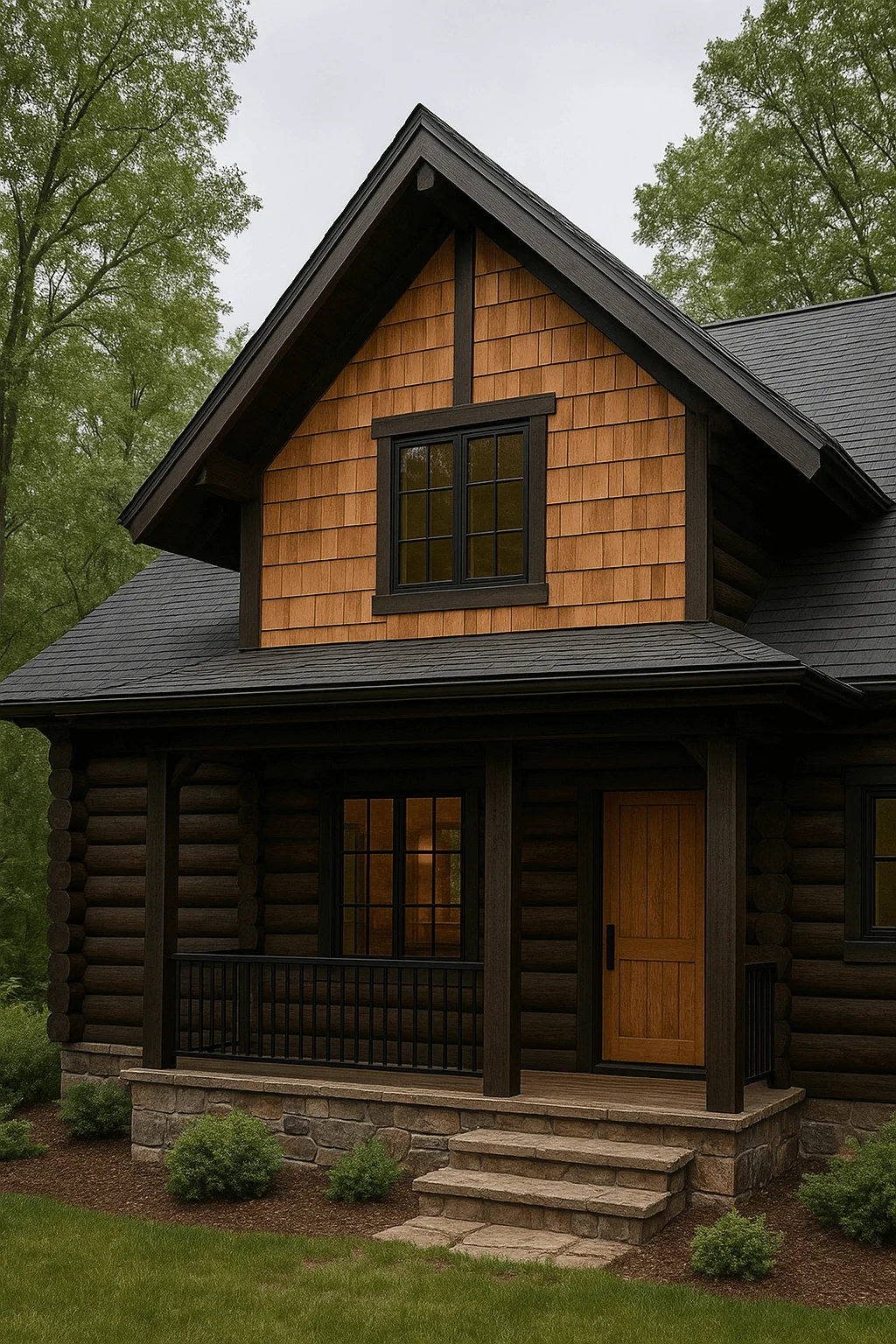 "Log cabin exterior with dark wood logs, stone foundation, cedar shingle siding accents, and warm wooden front door
