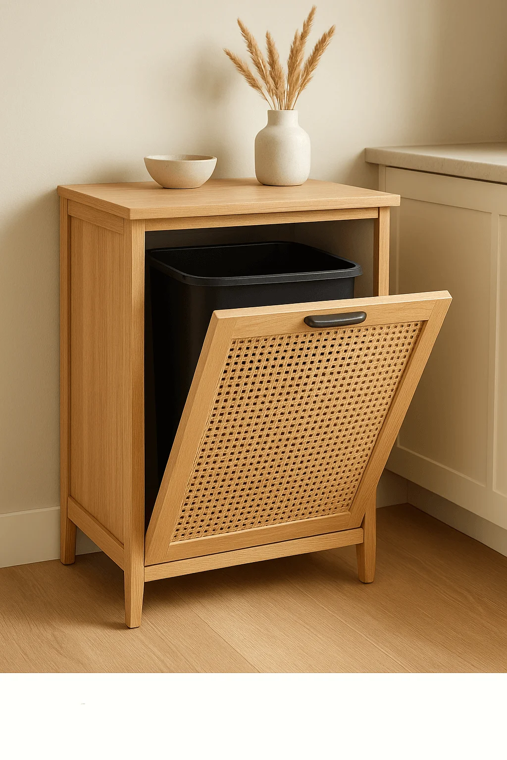 Decorative freestanding trash cabinet with tilt-out rattan door design and hidden black bin for stylish kitchen storage