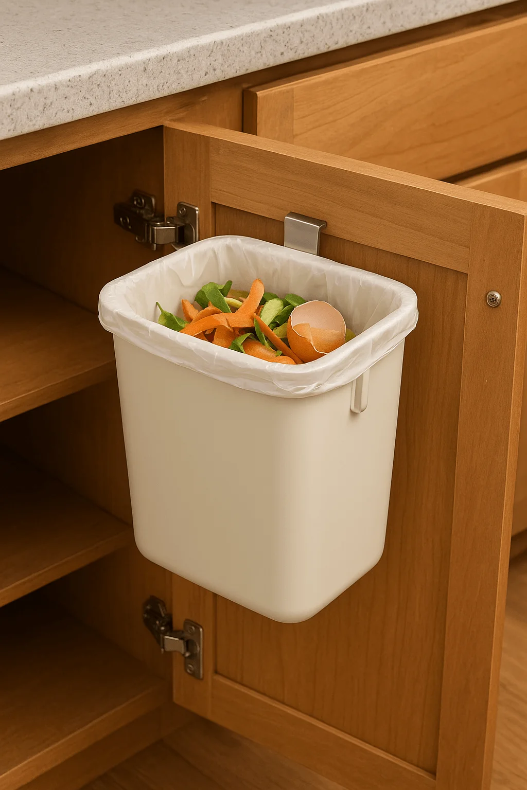 Door-mounted mini compost bin inside kitchen cabinet with food scraps like vegetable peels and eggshells