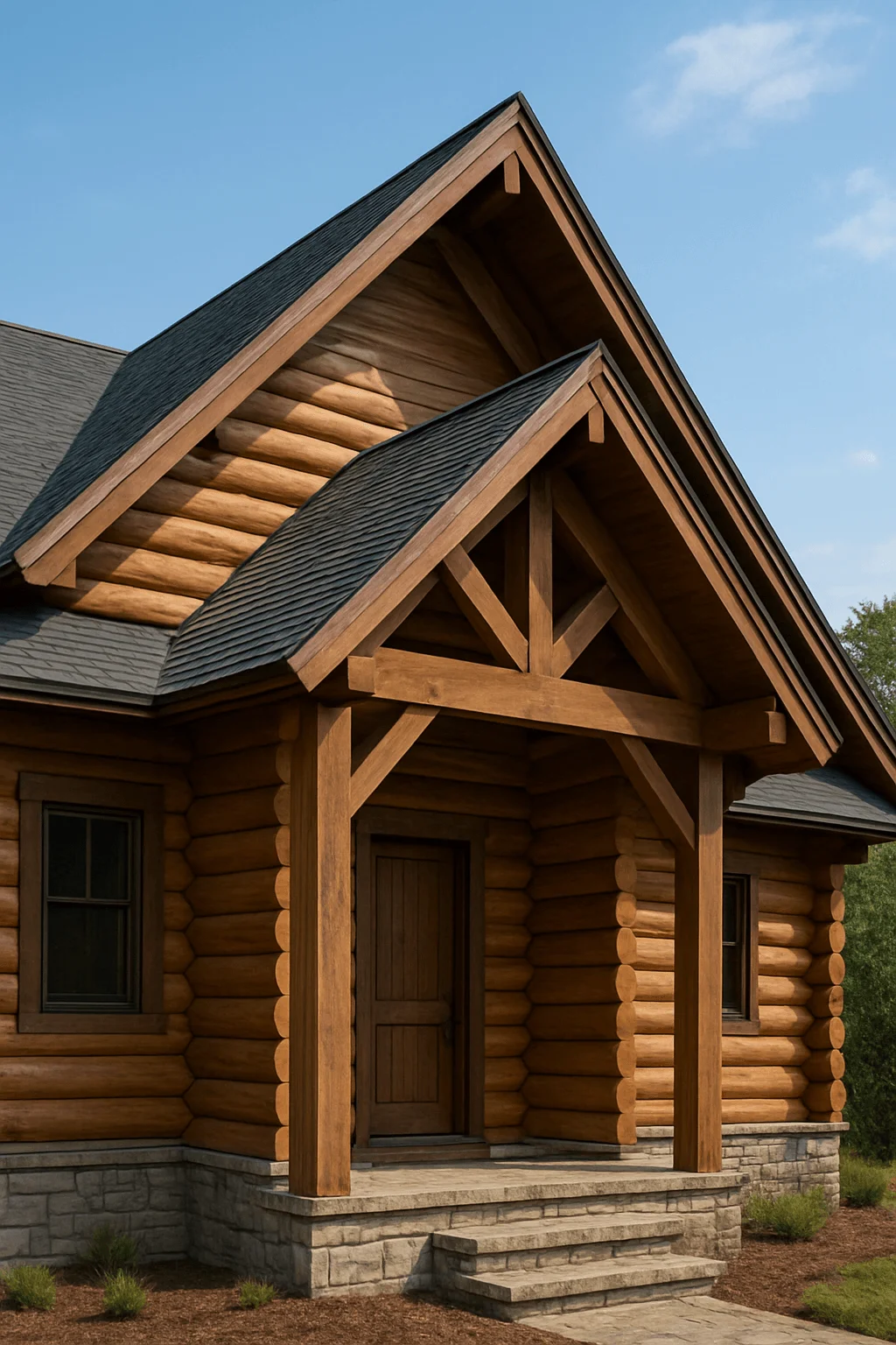 Log cabin with dramatic rooflines, exposed timber trusses, and stone foundation