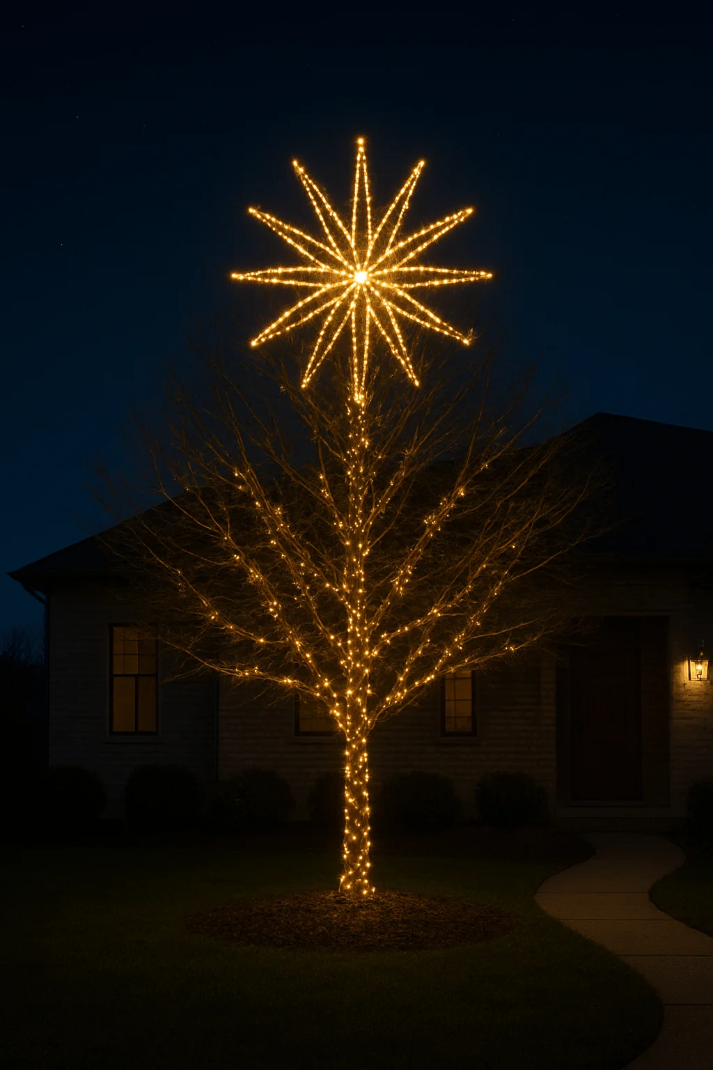 Bare tree wrapped in warm white string lights with a glowing starburst topper, creating a dramatic outdoor holiday focal point