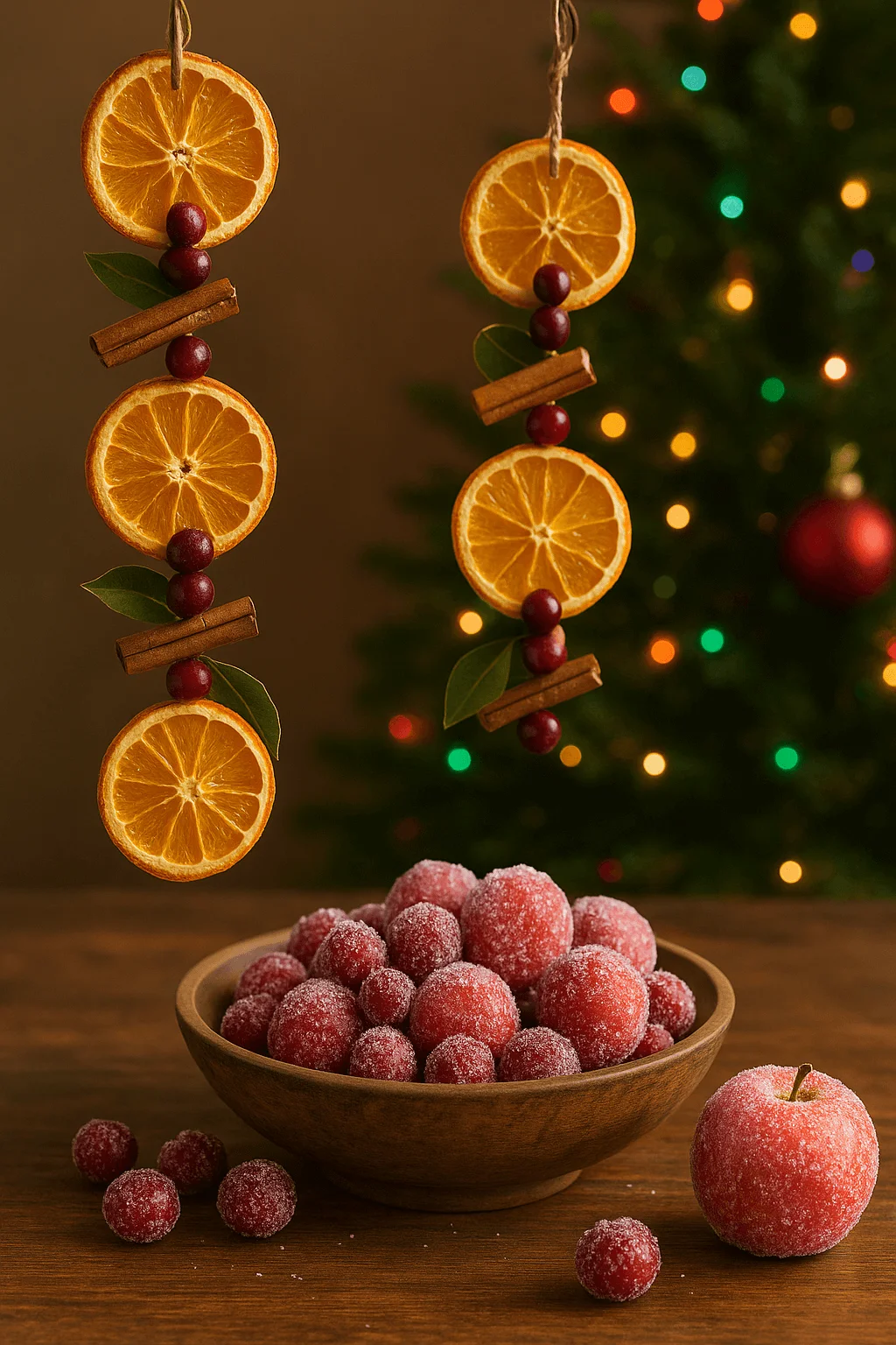 DIY dried orange slice garlands with cranberries, cinnamon sticks, and sugared fruit displayed in a wooden bowl for natural Christmas decor
