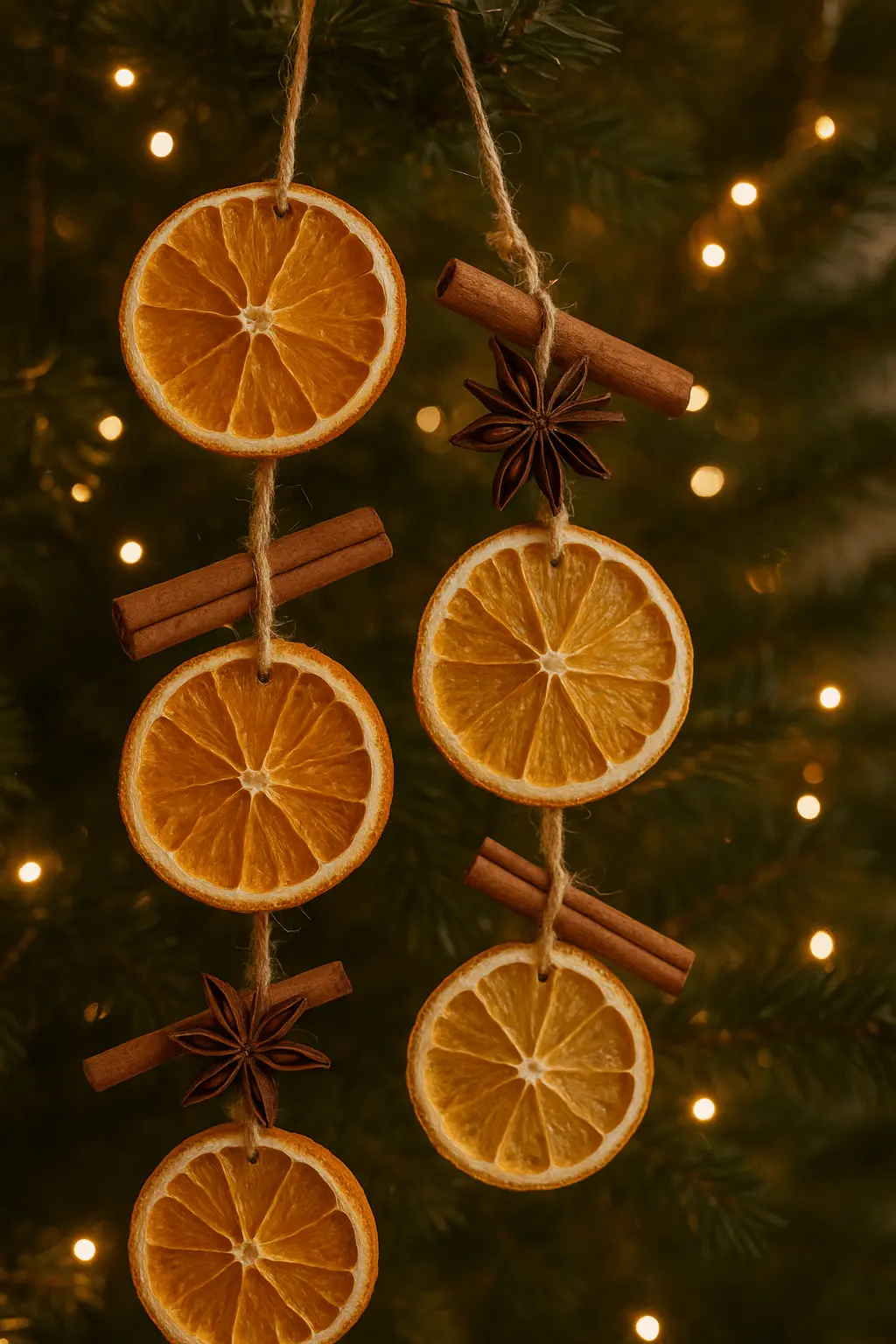 Handmade Christmas garland with dried orange slices, cinnamon sticks, and star anise hanging on a rustic twine against a lit Christmas tree
