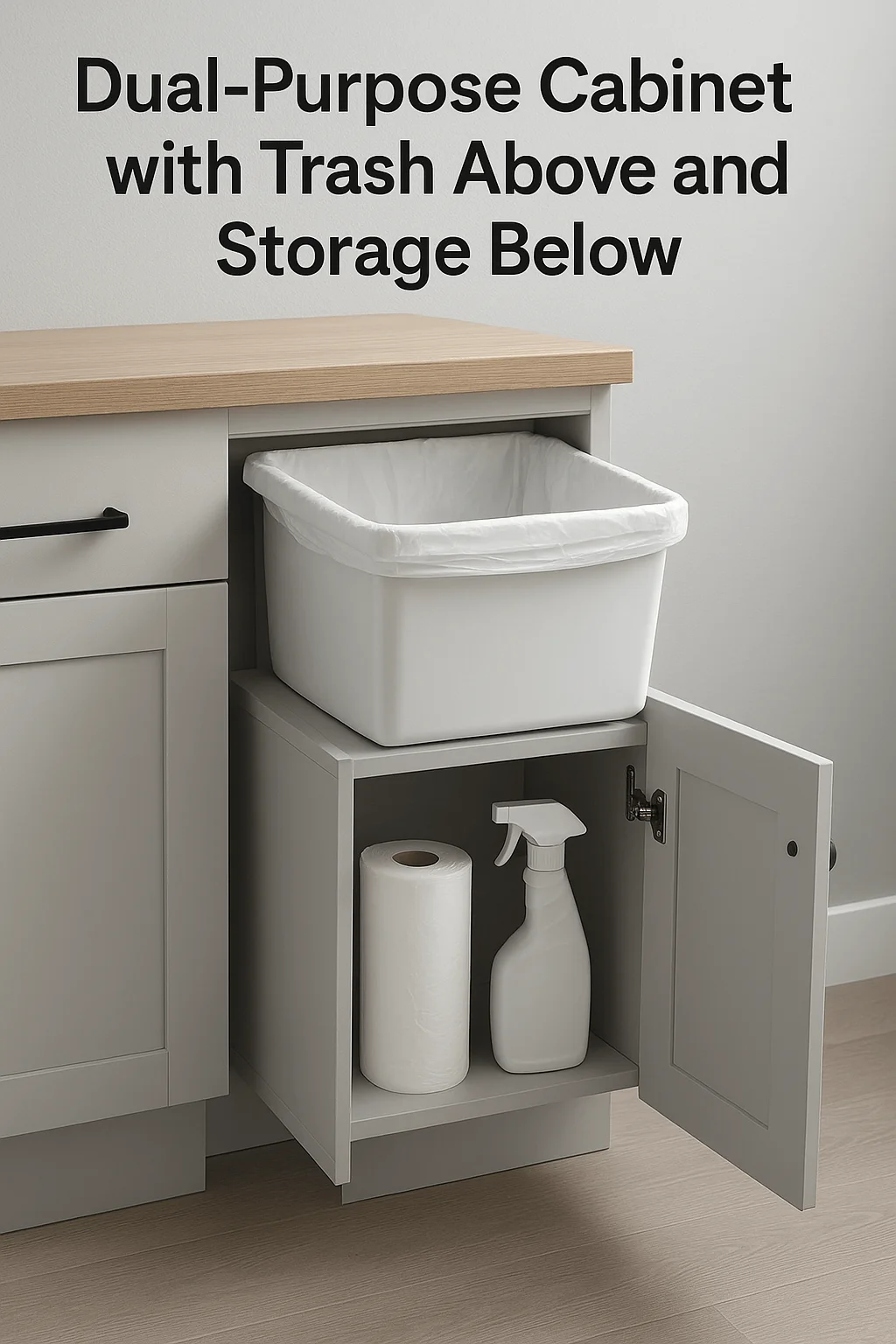Dual-purpose cabinet with hidden trash bin above and cleaning supply storage below