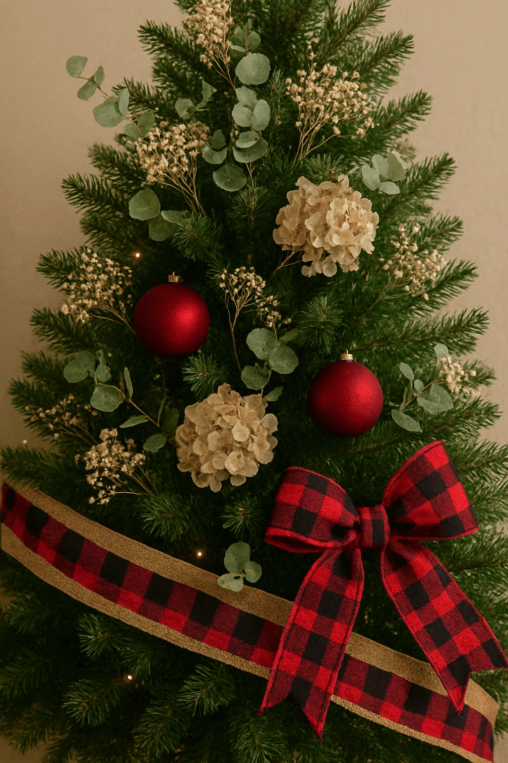 Christmas tree decorated with red ornaments, dried hydrangea flowers, eucalyptus leaves, and a red-and-black plaid ribbon bow with matching garland.