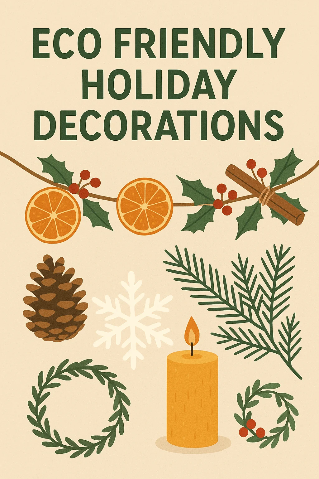 Eco friendly holiday decorations illustration with dried orange garland, holly, pinecones, evergreen branches, handmade wreaths, snowflake, and a beeswax candle.