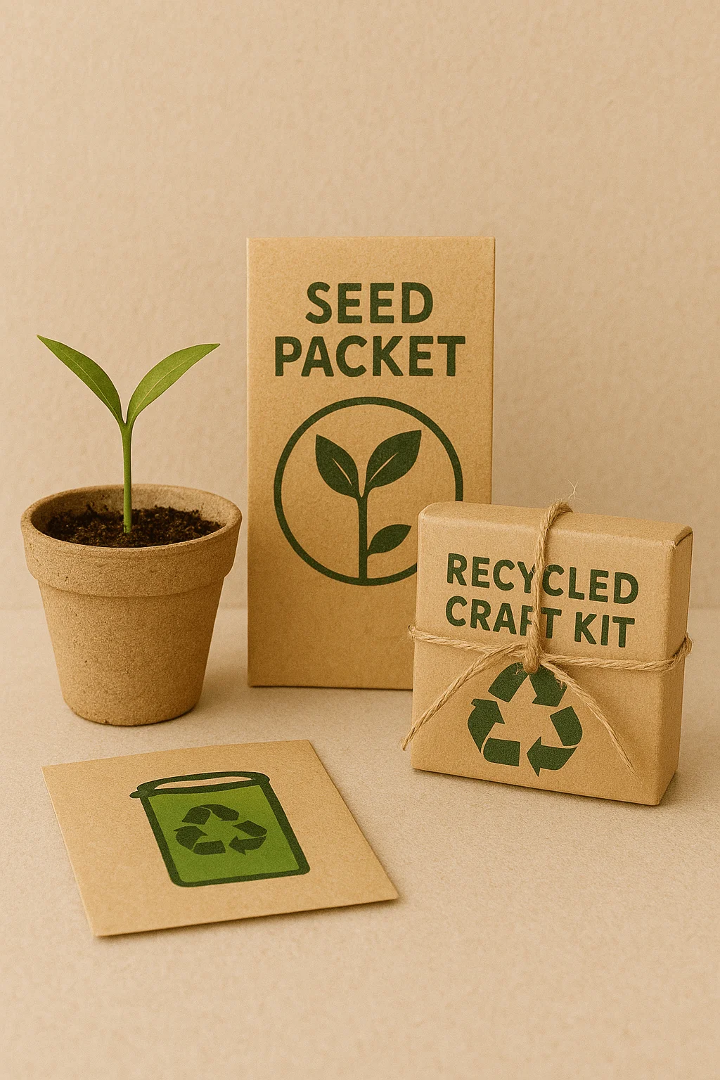 Eco-friendly party favors with seed packet, recycled craft kit, and plant pot for sustainable trash truck birthday party