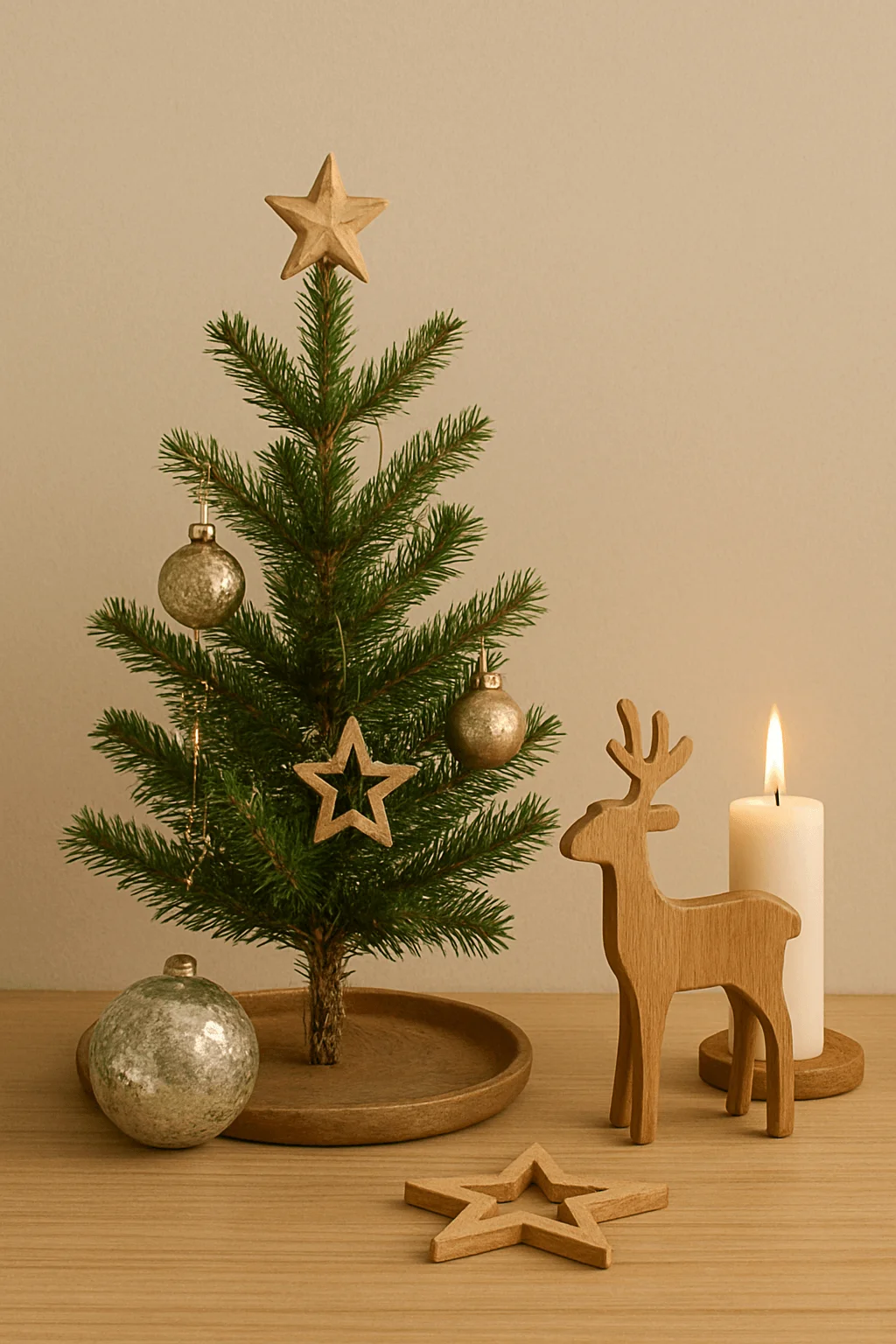 Eco-friendly Scandinavian Christmas tree with wooden star topper, rustic ornaments, wooden reindeer figure, and natural candlelight