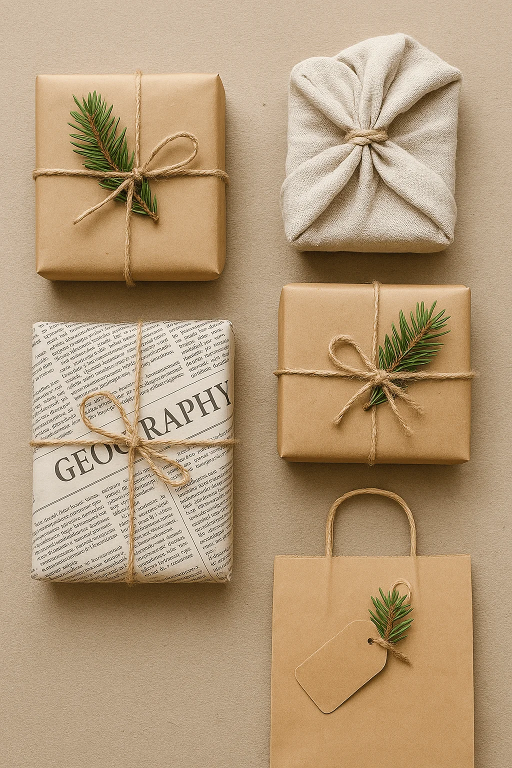 Eco-friendly holiday gift wrapping ideas using kraft paper, newspaper, fabric, and natural twine with evergreen sprigs