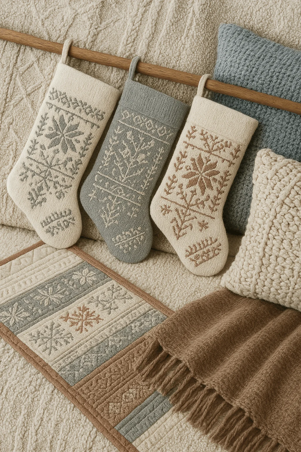 Scandinavian embroidered Christmas stockings with snowflake patterns, displayed alongside cozy knit pillows and wool blankets in neutral tones.