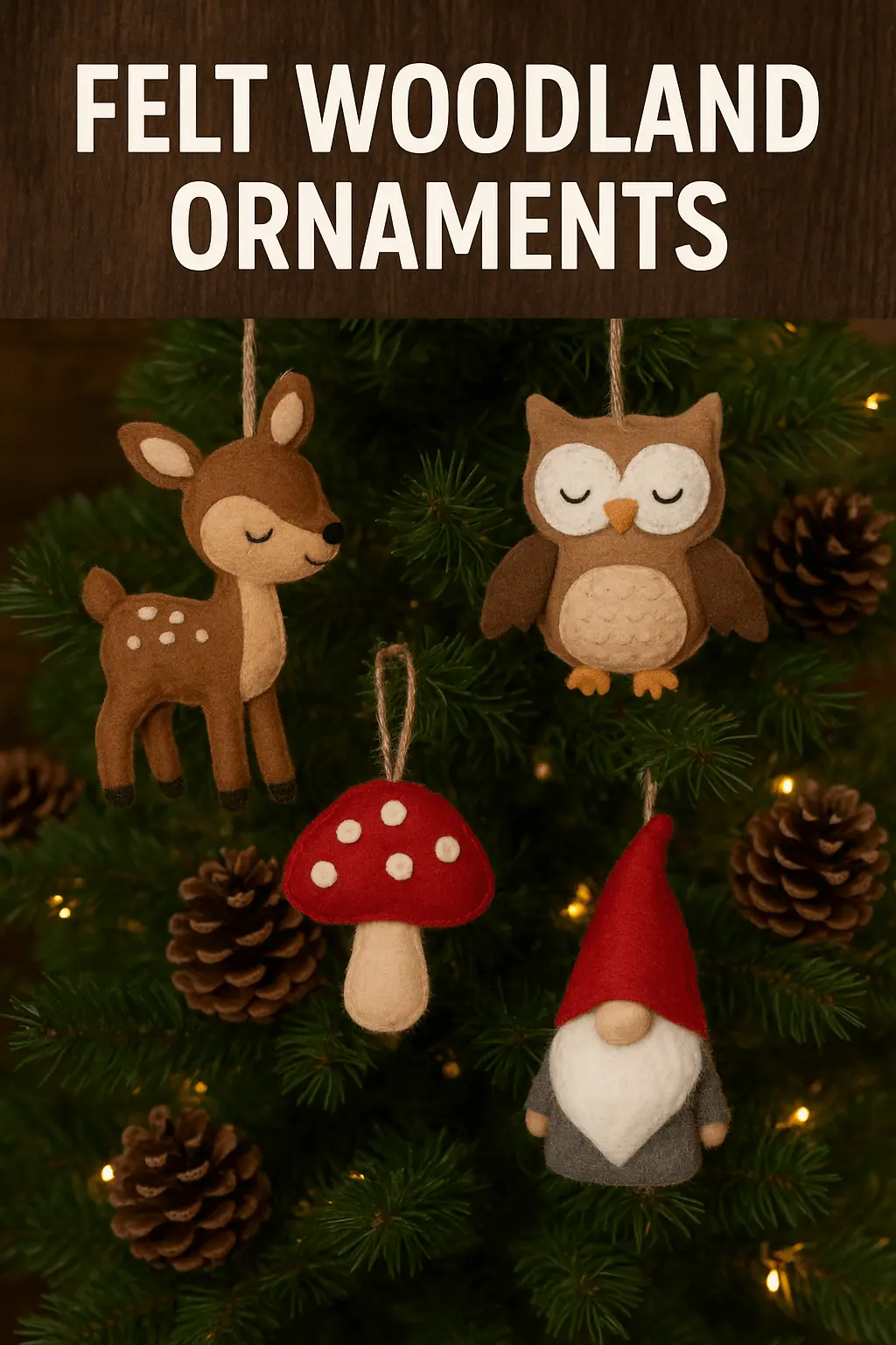 Felt woodland Christmas ornaments including deer, owl, mushroom, and gnome hanging on a decorated Christmas tree