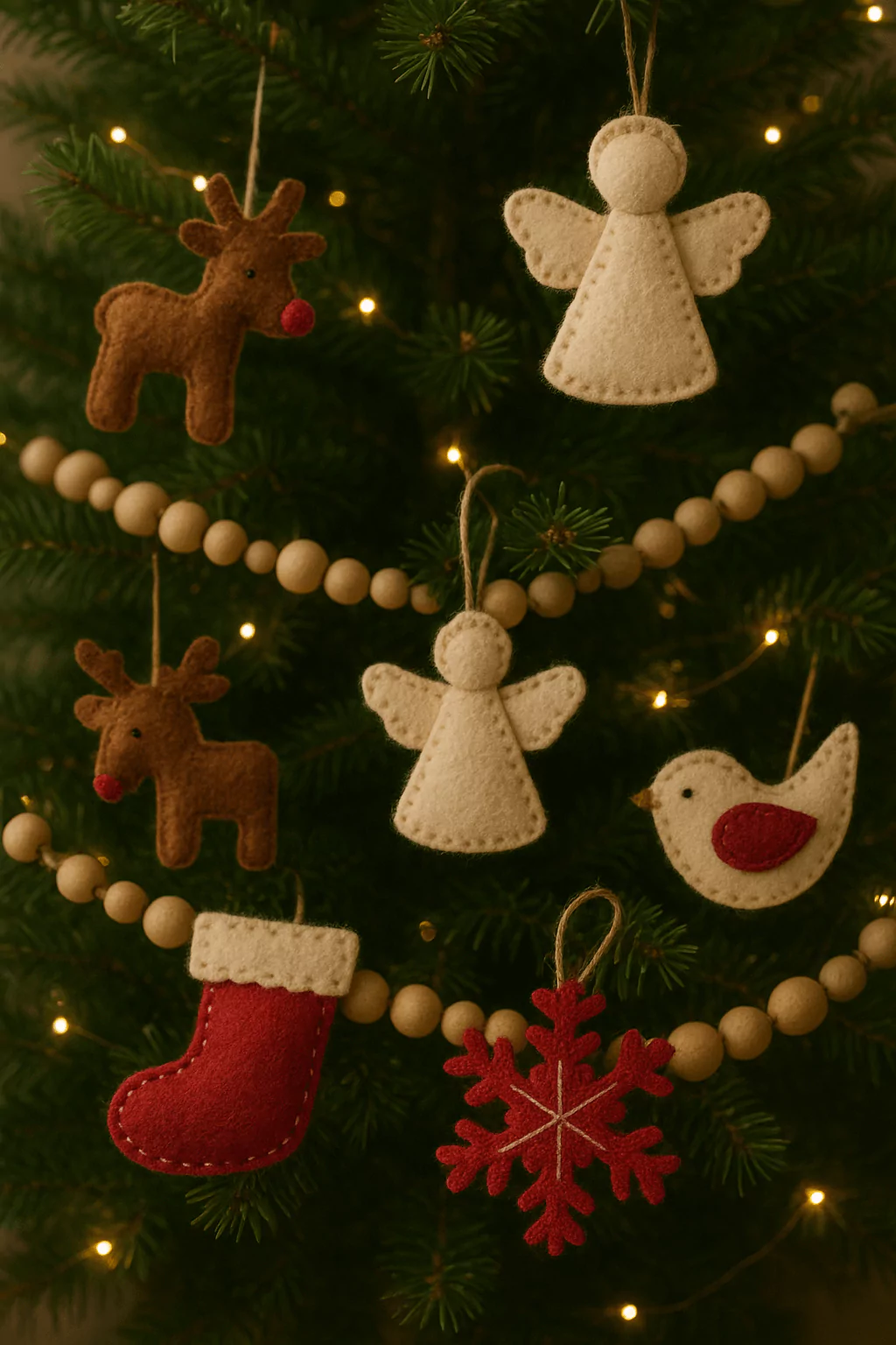 Handmade felt Christmas ornaments including reindeer, angel, bird, stocking, and snowflake hanging on a tree with wooden bead garland