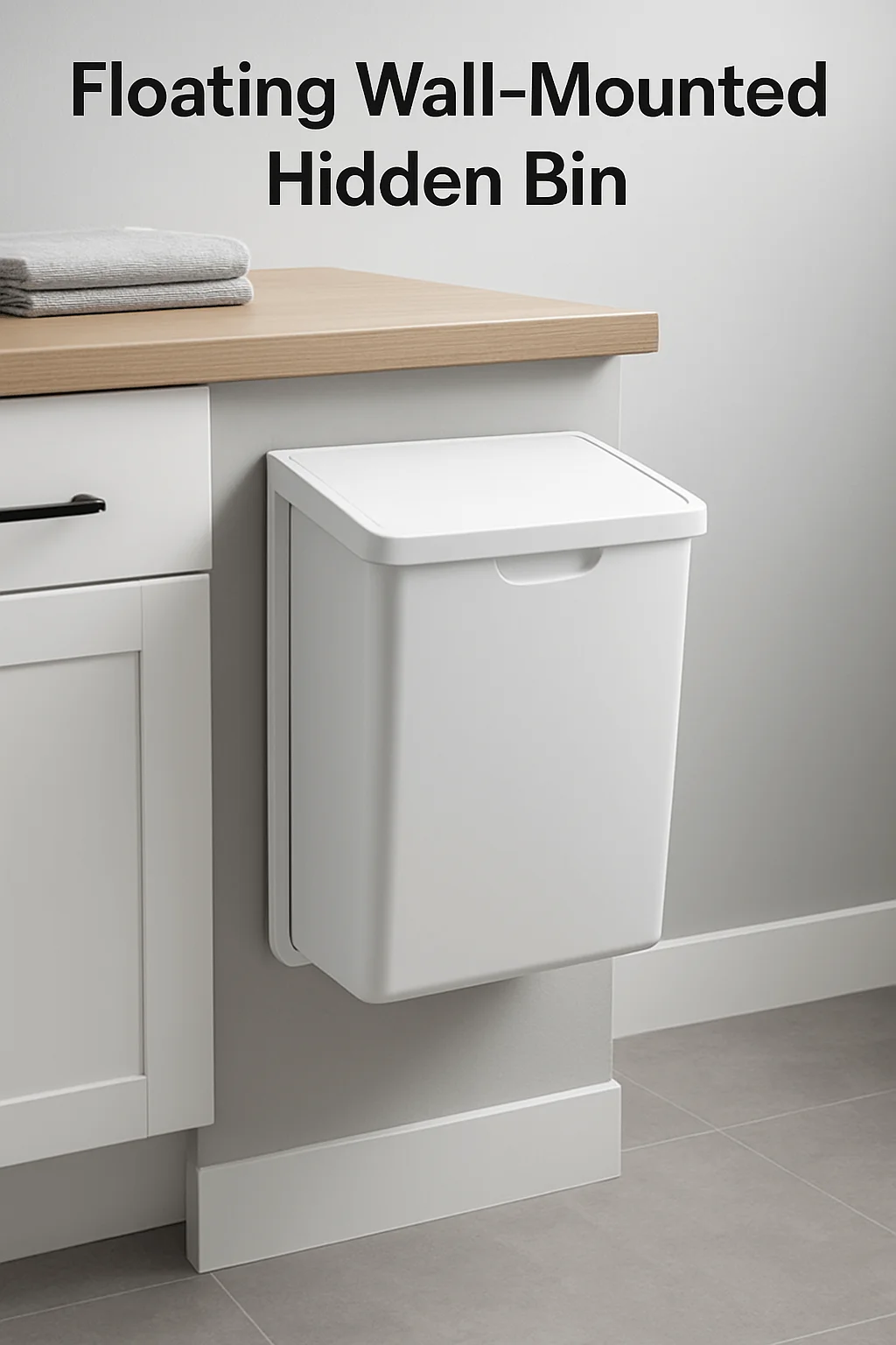 Floating wall-mounted hidden trash bin for modern minimalist kitchens and small spaces.