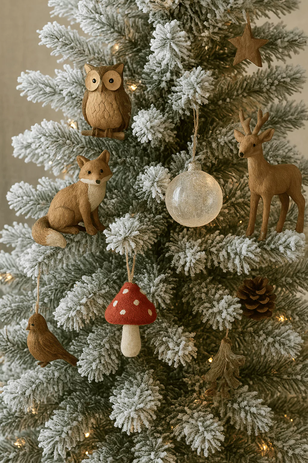 Flocked Christmas tree decorated with woodland ornaments including owl, fox, deer, bird, mushroom, star, pinecone, and glass bauble