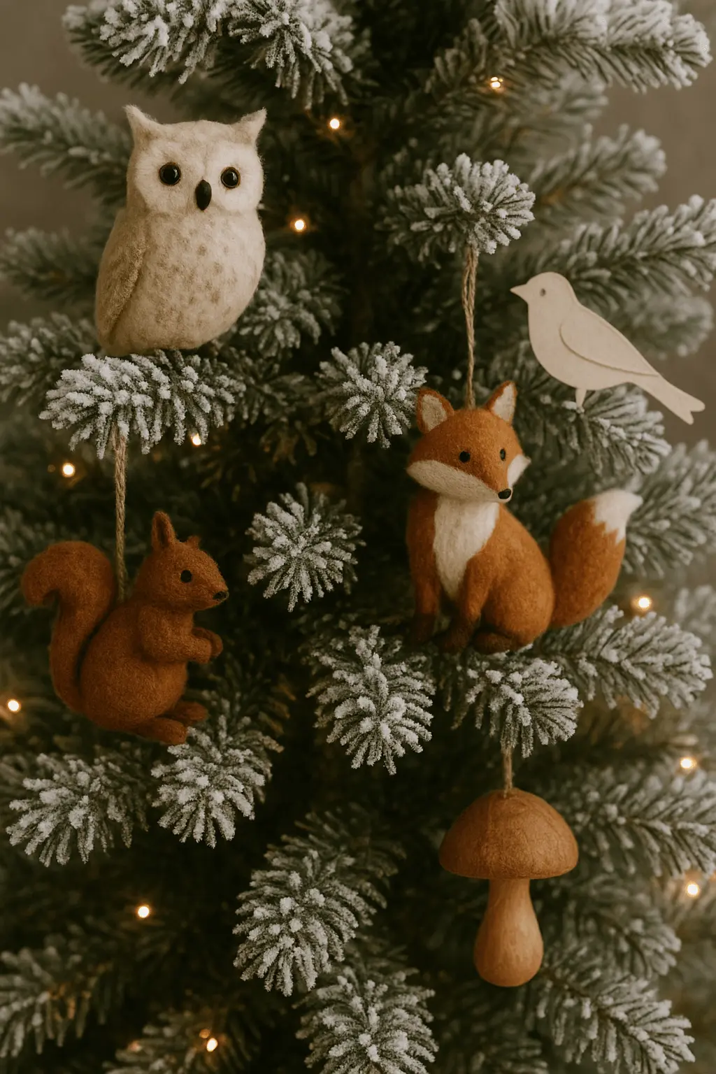 Woodland-themed Christmas tree decorated with felt owl, fox, and squirrel ornaments, along with a wooden bird and mushroom, on snowy flocked branches with warm lights.