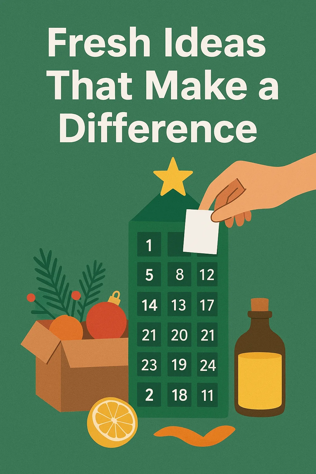 Illustration of sustainable holiday ideas with an advent calendar, eco-friendly box of ornaments, orange slices, and natural decorations