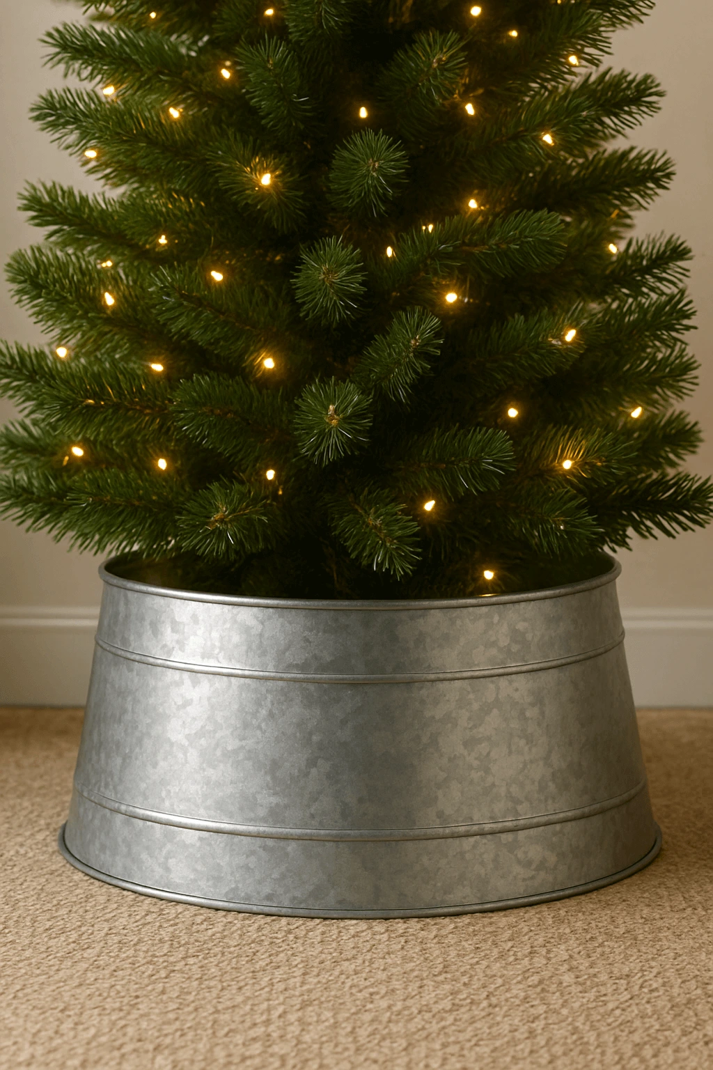 Galvanized metal Christmas tree collar covering the base of a lit artificial tree for a rustic farmhouse holiday look