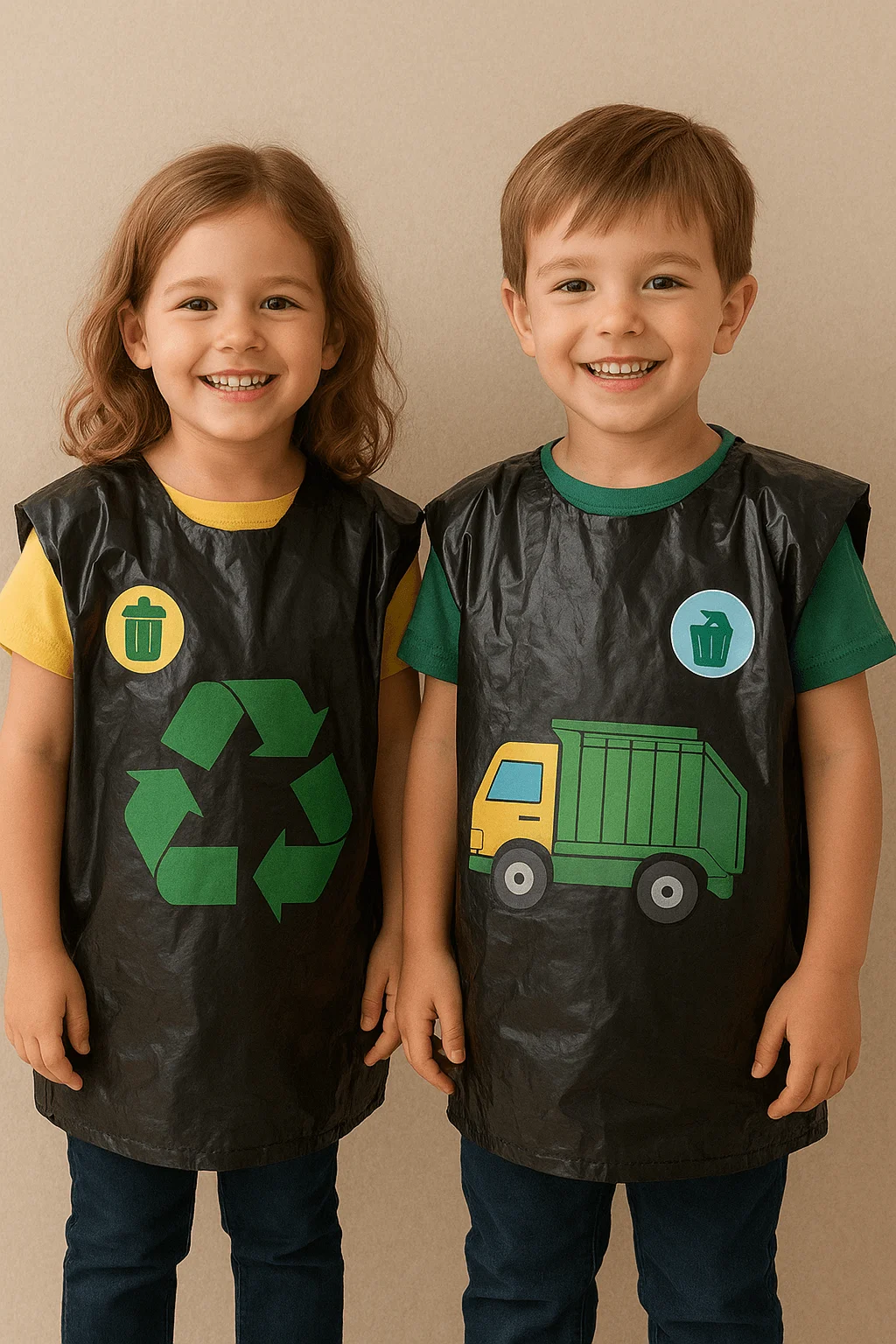 Kids wearing garbage bag costumes with recycling and trash truck designs for eco-themed party