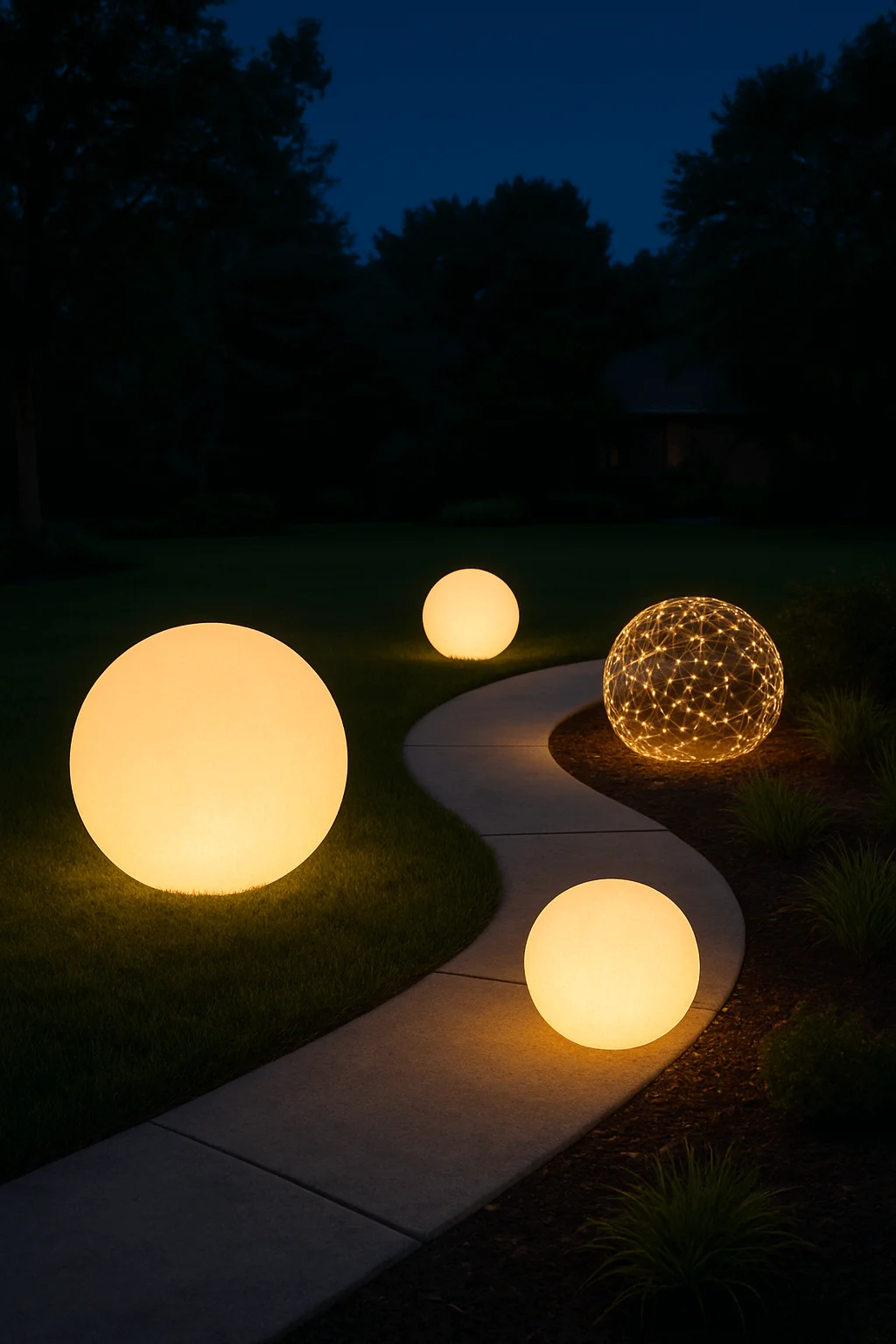 Glowing illuminated spheres and orb-shaped lawn ornaments placed along a garden pathway, creating sculptural outdoor lighting accents at night