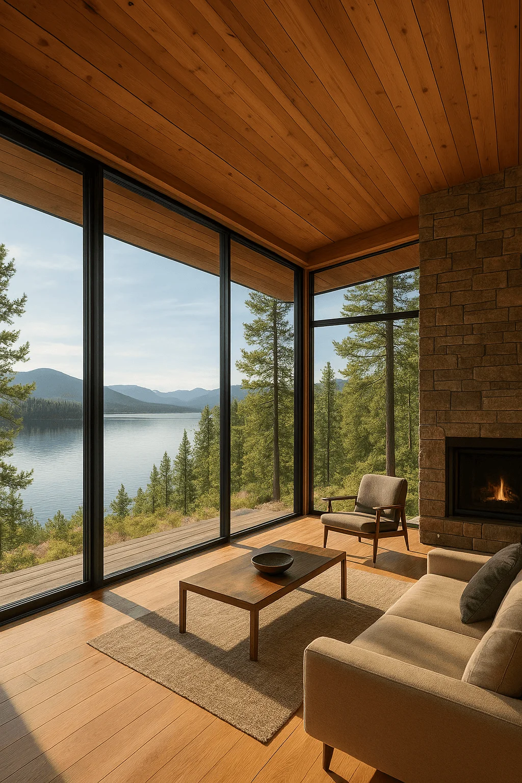 Modern log cabin living room with floor-to-ceiling glass windows overlooking a lake and mountains, featuring a stone fireplace and minimalist furniture