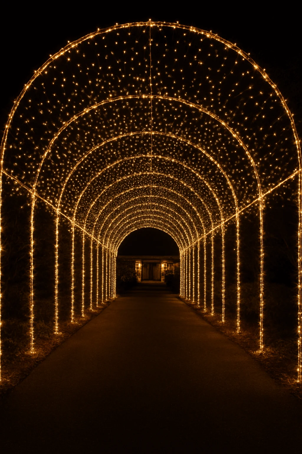 Grand light tunnel installation over a driveway or walkway, with golden fairy lights creating an immersive glowing archway at night