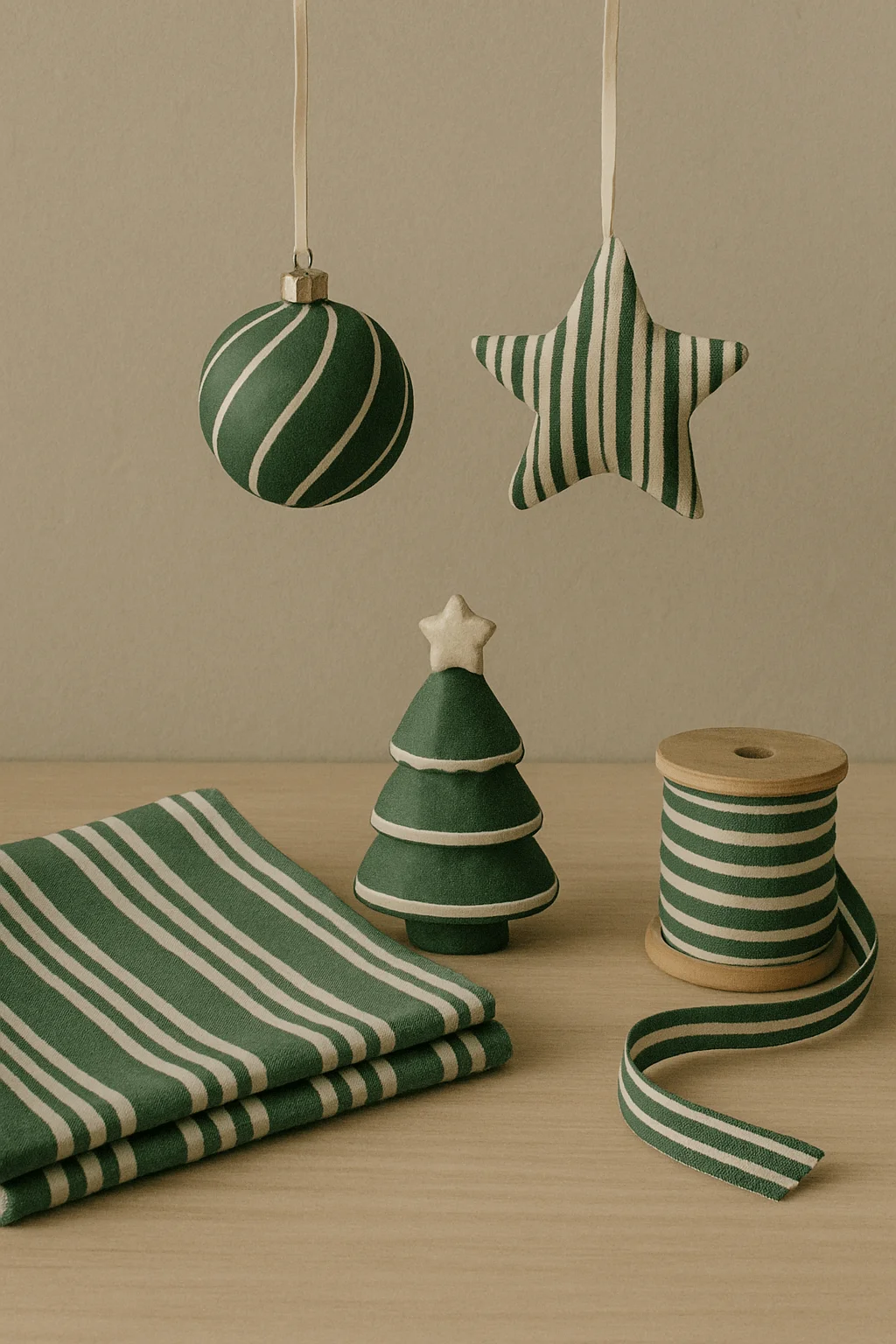 "Scandinavian Christmas decorations with green and white striped ornaments, fabric, ribbon, and a small tree figurine