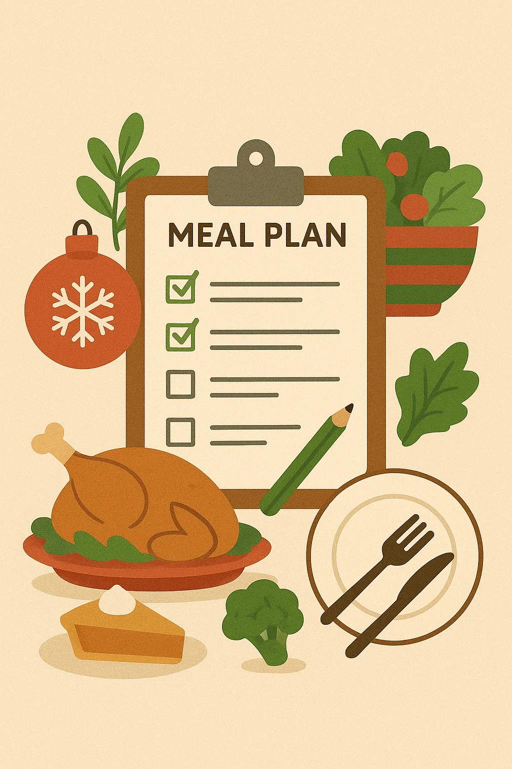 Illustration of a Christmas meal plan checklist with festive foods like roast turkey, salad, pie, and vegetables, promoting portion planning for the holidays