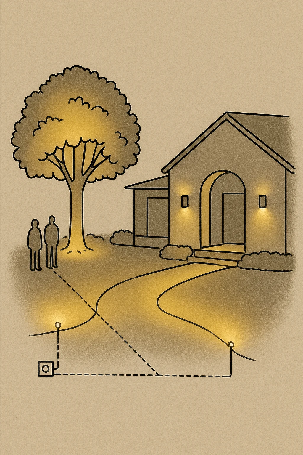 Illustration of a house with pathway and tree lighting, showing a planned layout for a large-scale outdoor lighting project