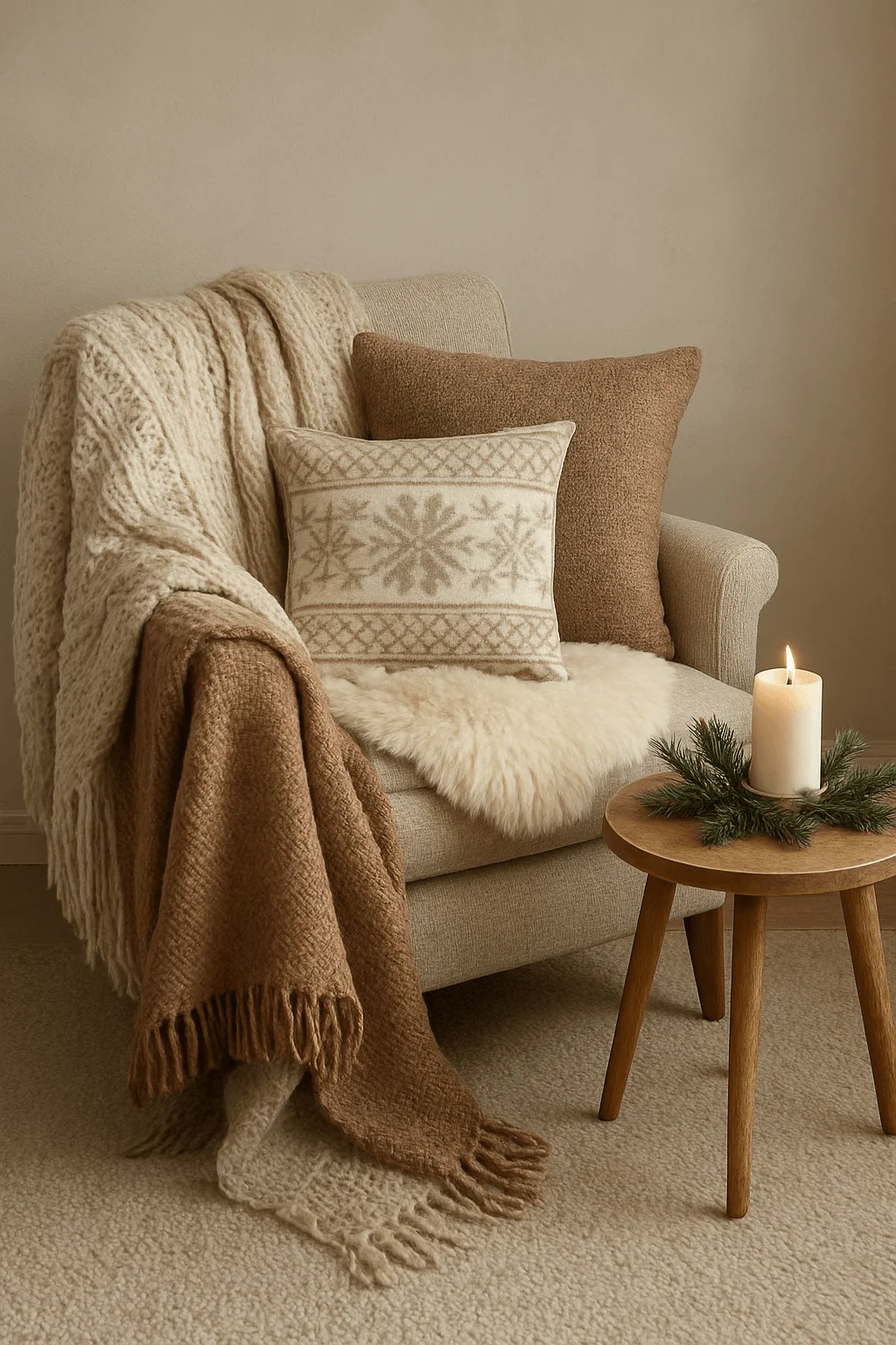 Cozy hygge corner with layered neutral throws, knitted pillows, sheepskin, and a lit candle with greenery on a wooden side table