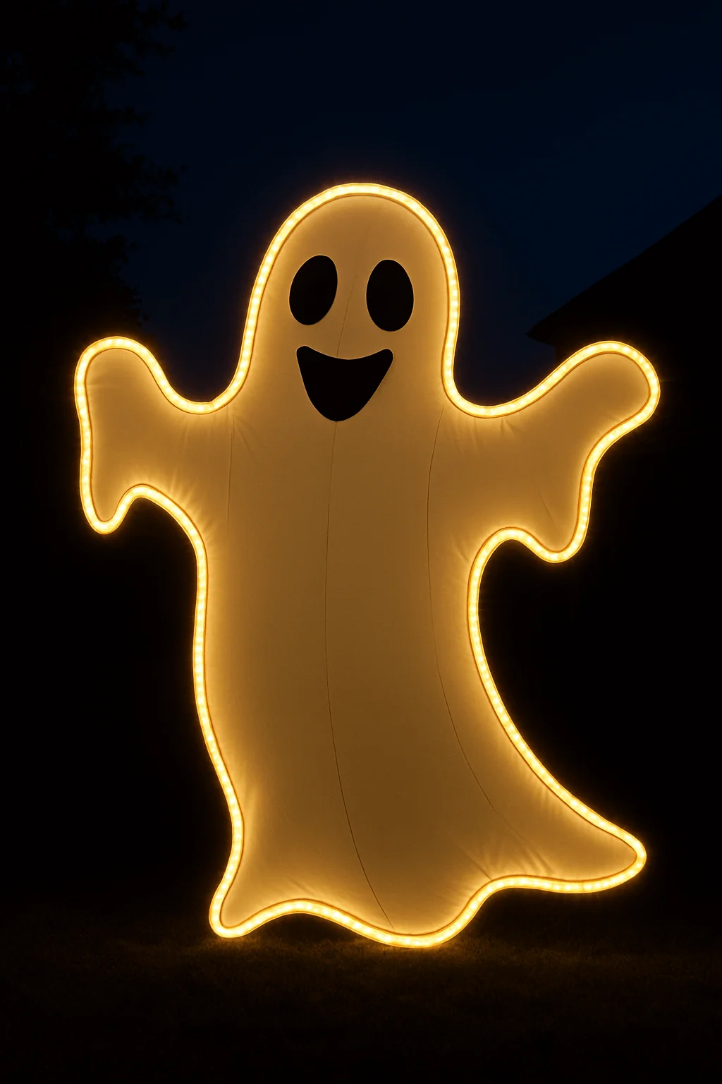 Inflatable ghost decoration outlined with glowing LED rope lights, creating a bright and playful Halloween display at night