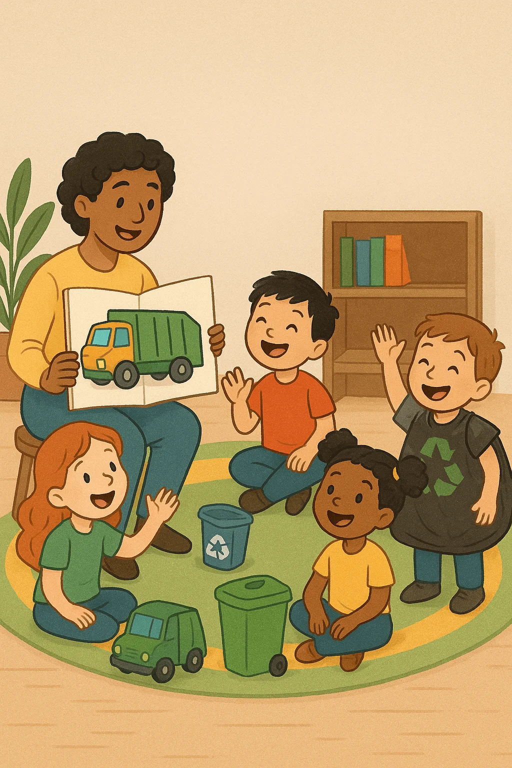 Illustration of kids sitting in a circle for story time with a teacher reading a trash truck book, recycling toys, and eco-friendly theme
