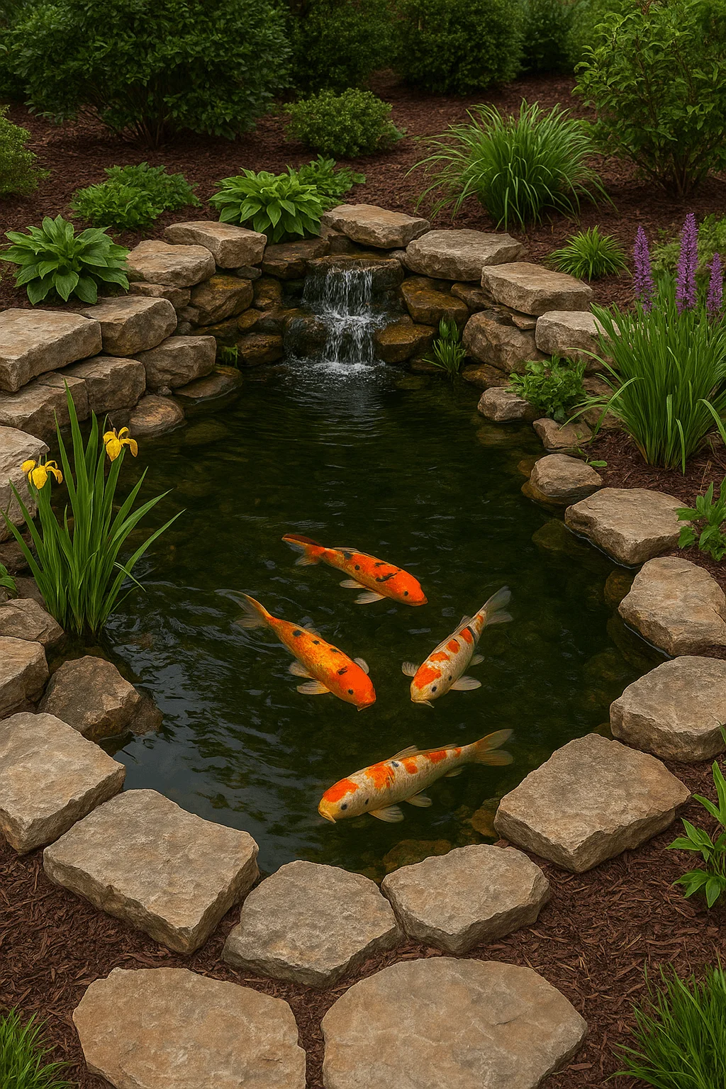 Koi pond with rock ledges, small cascading waterfall, and colorful orange and white koi fish surrounded by lush garden plants