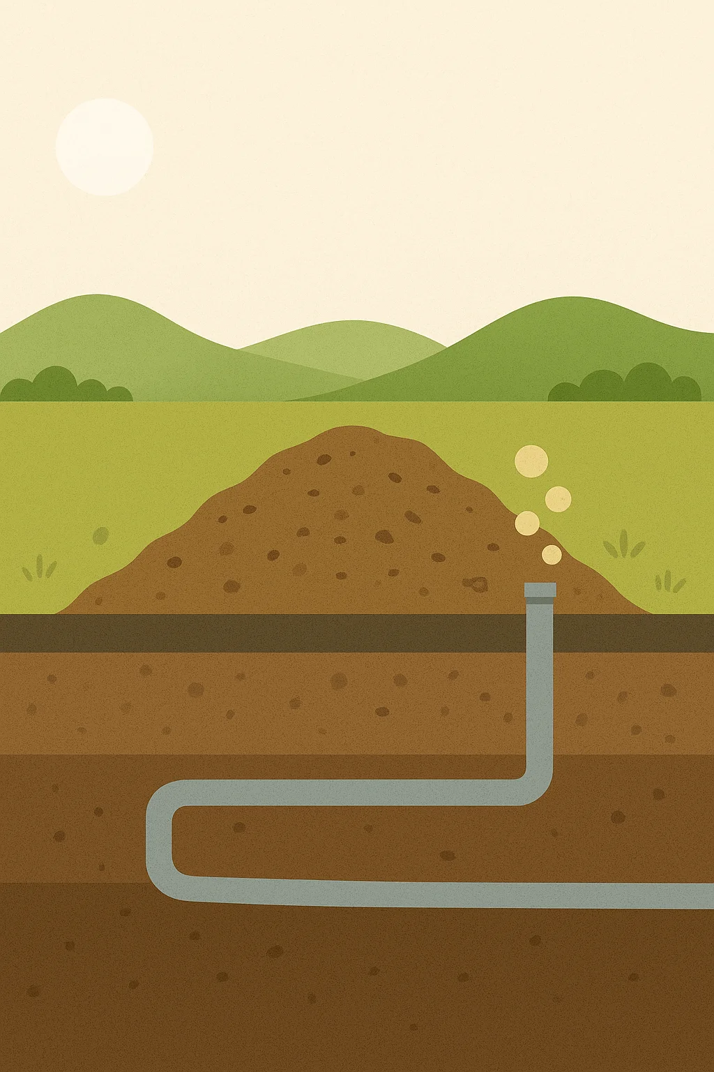 Illustration of landfill waste management with underground pipes releasing gas from decomposing organic material beneath a mound of soil.