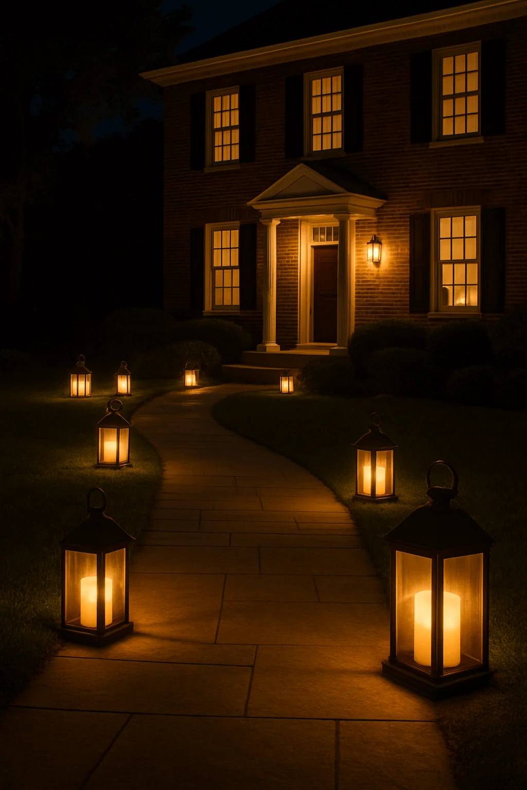 Elegant pathway lined with large glowing lanterns and porch lanterns, creating a warm and inviting holiday entrance