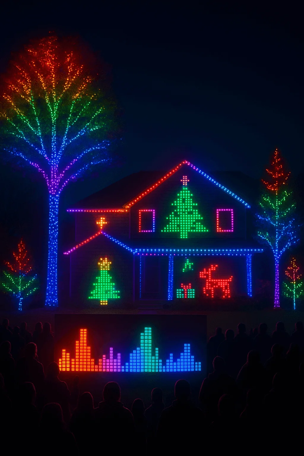 House and trees covered in colorful pixel lights synchronized to music, creating a vibrant holiday light show that draws a community crowd