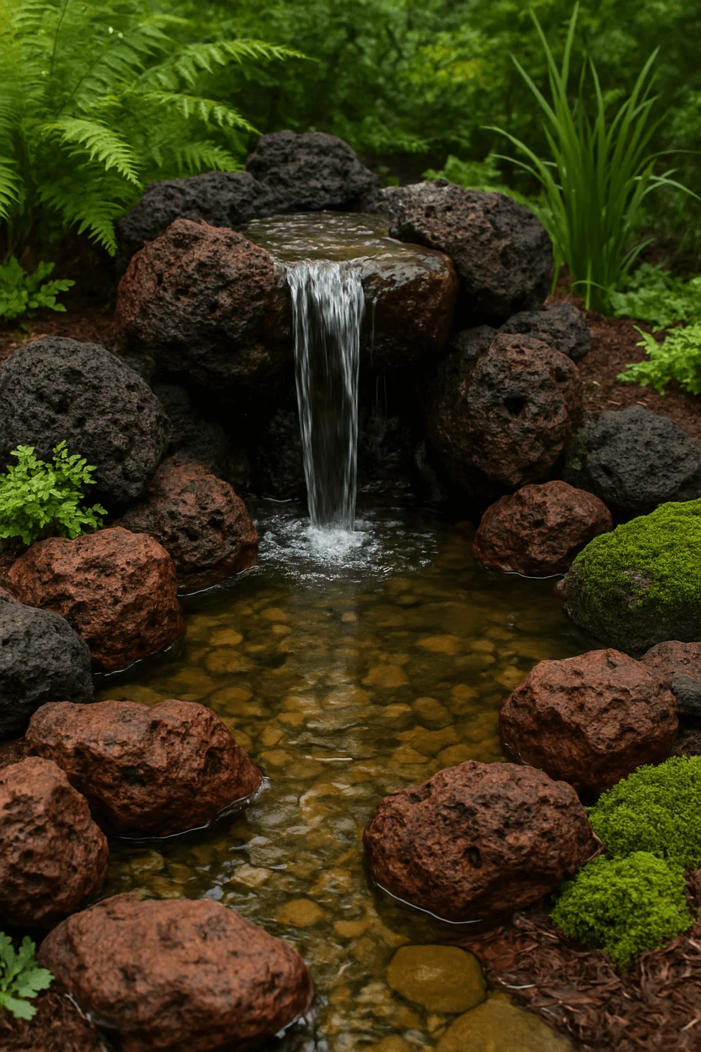 Small garden waterfall with natural lava rock accents and clear pond surrounded by lush greenery