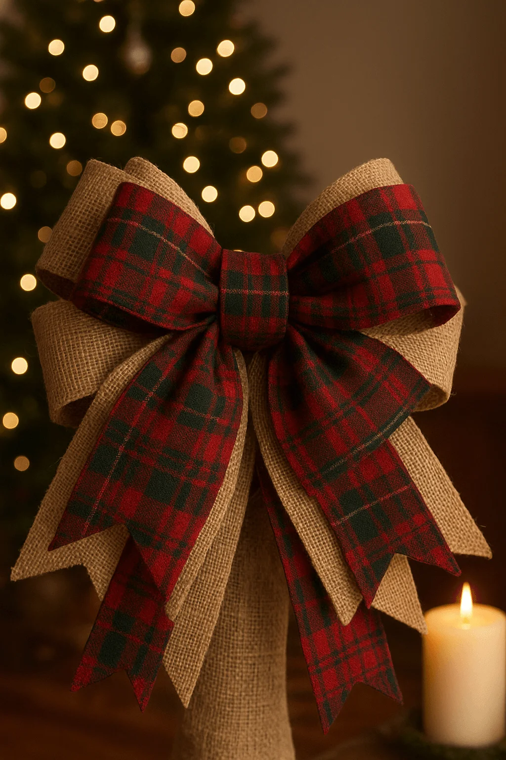 Large layered Christmas bow made of burlap and red plaid ribbon with festive lights in background