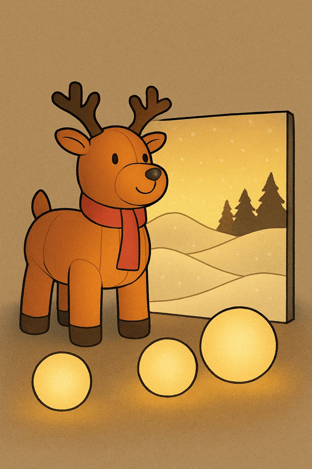 Whimsical holiday display with a cartoon-style reindeer inflatable, glowing light spheres, and a softly lit backdrop of snowy hills and pine trees