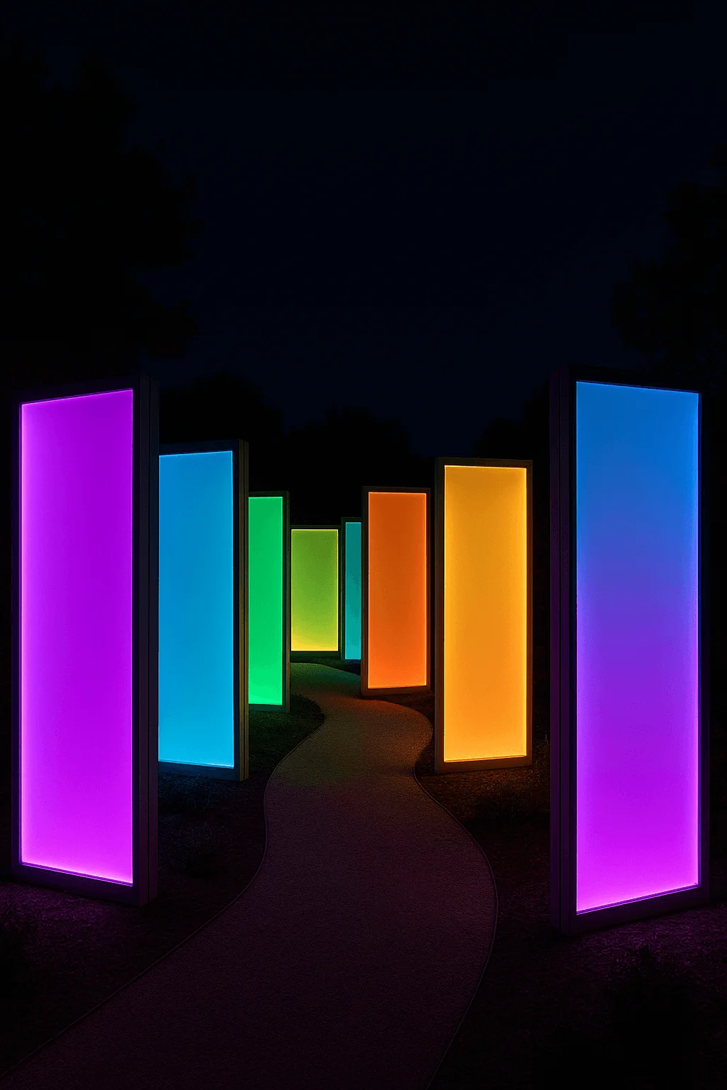 Curved outdoor pathway lined with tall glowing LED panels in rainbow colors, creating a lighted maze-like installation at night