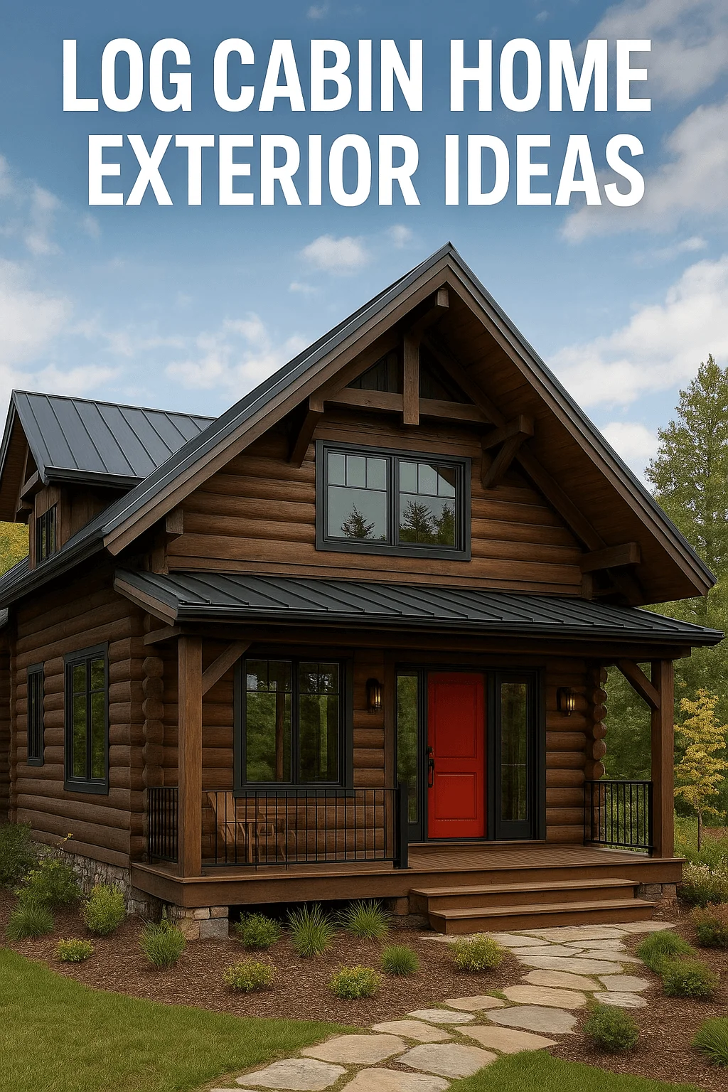 Rustic log cabin home exterior with modern black metal roof, red front door, and stone walkway surrounded by greenery