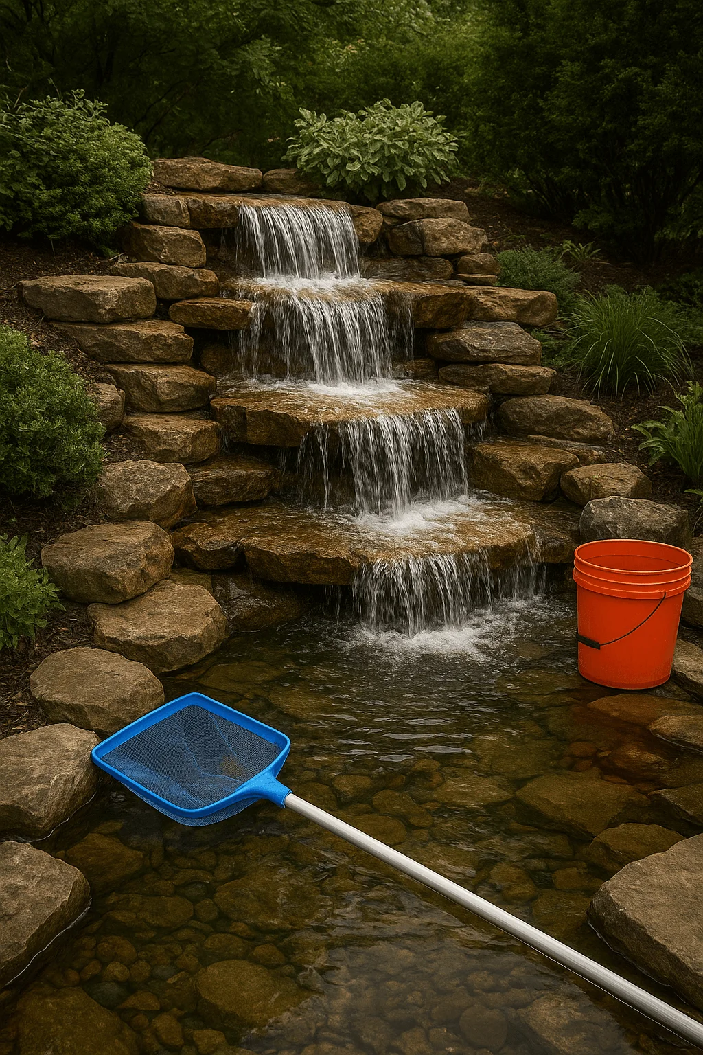 Tiered stone waterfall pond with a bright orange bucket and blue net skimmer, representing maintenance and seasonal care for backyard water features