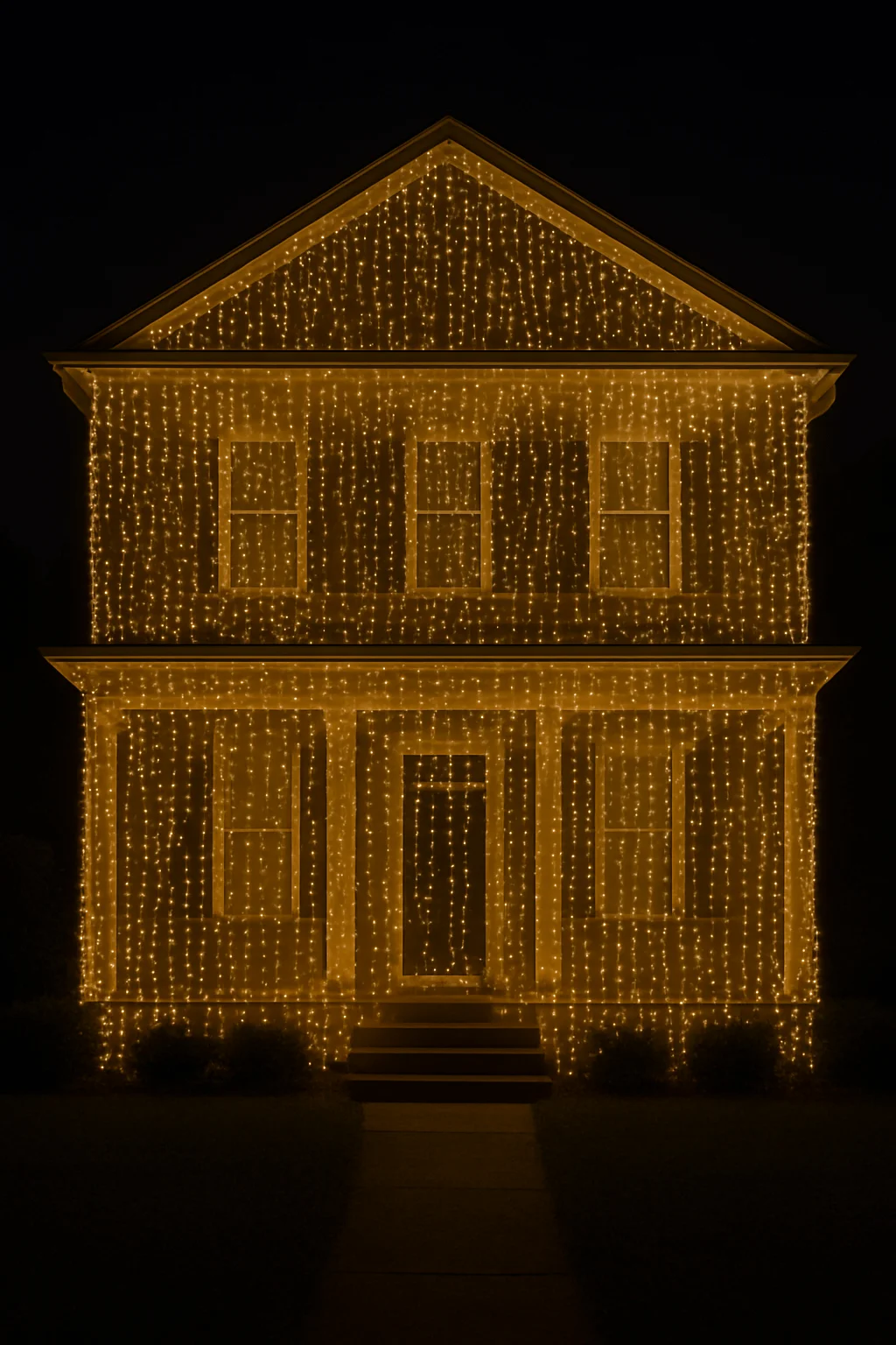 Two-story house fully draped in warm white icicle curtain lights, creating a dramatic glowing wall effect for holiday décor