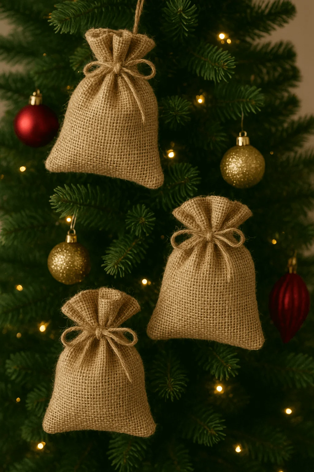 "Mini burlap gift sacks used as rustic Christmas tree ornaments with red and gold baubles