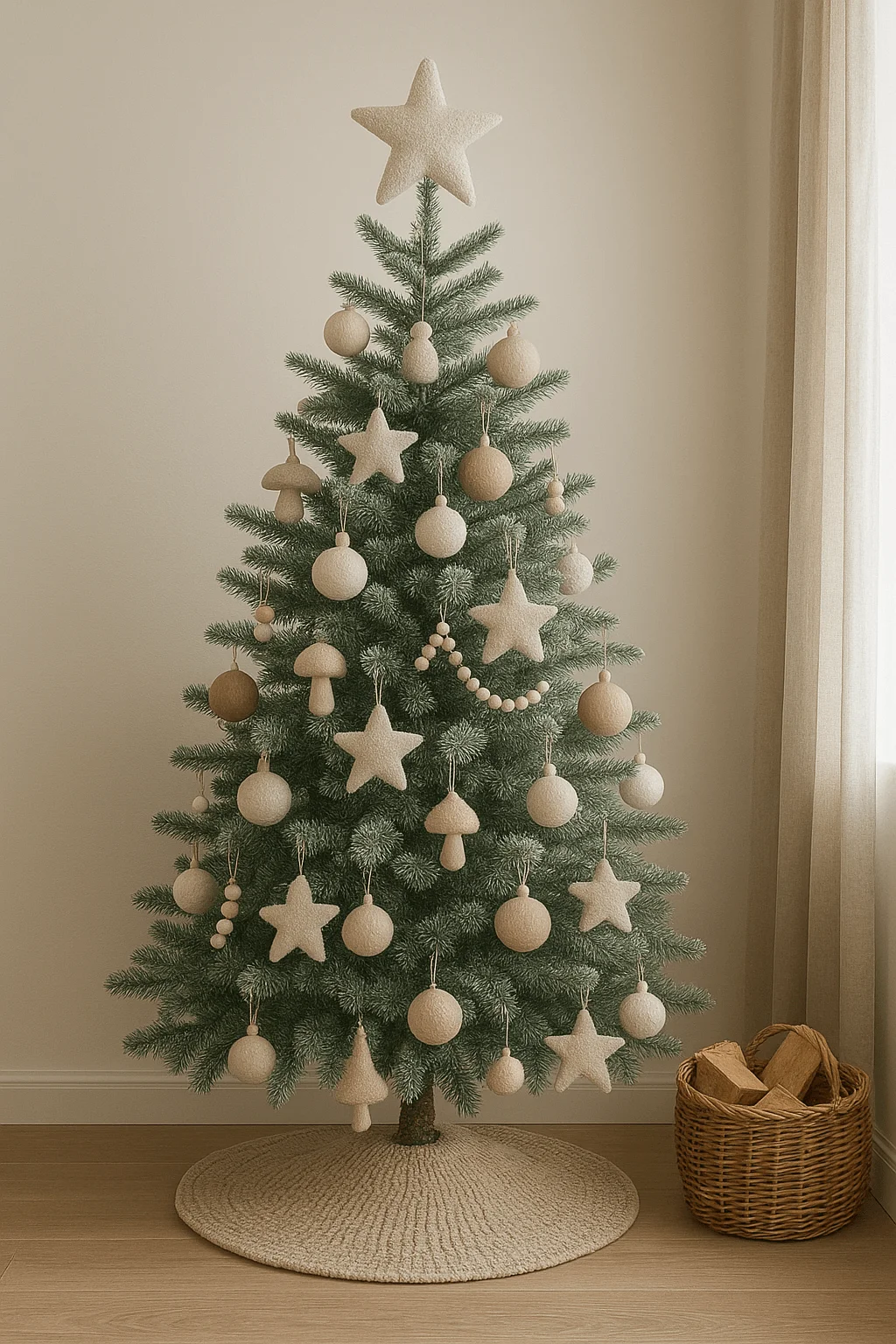 Minimal Scandinavian Christmas tree decorated with neutral textured ornaments, felt stars, natural baubles, and wood accents for a cozy holiday look