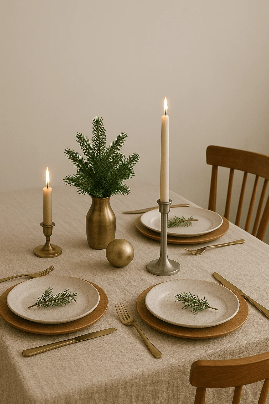 Minimalist Scandinavian Christmas table setting with mixed metal candle holders, simple dinnerware, and evergreen sprigs