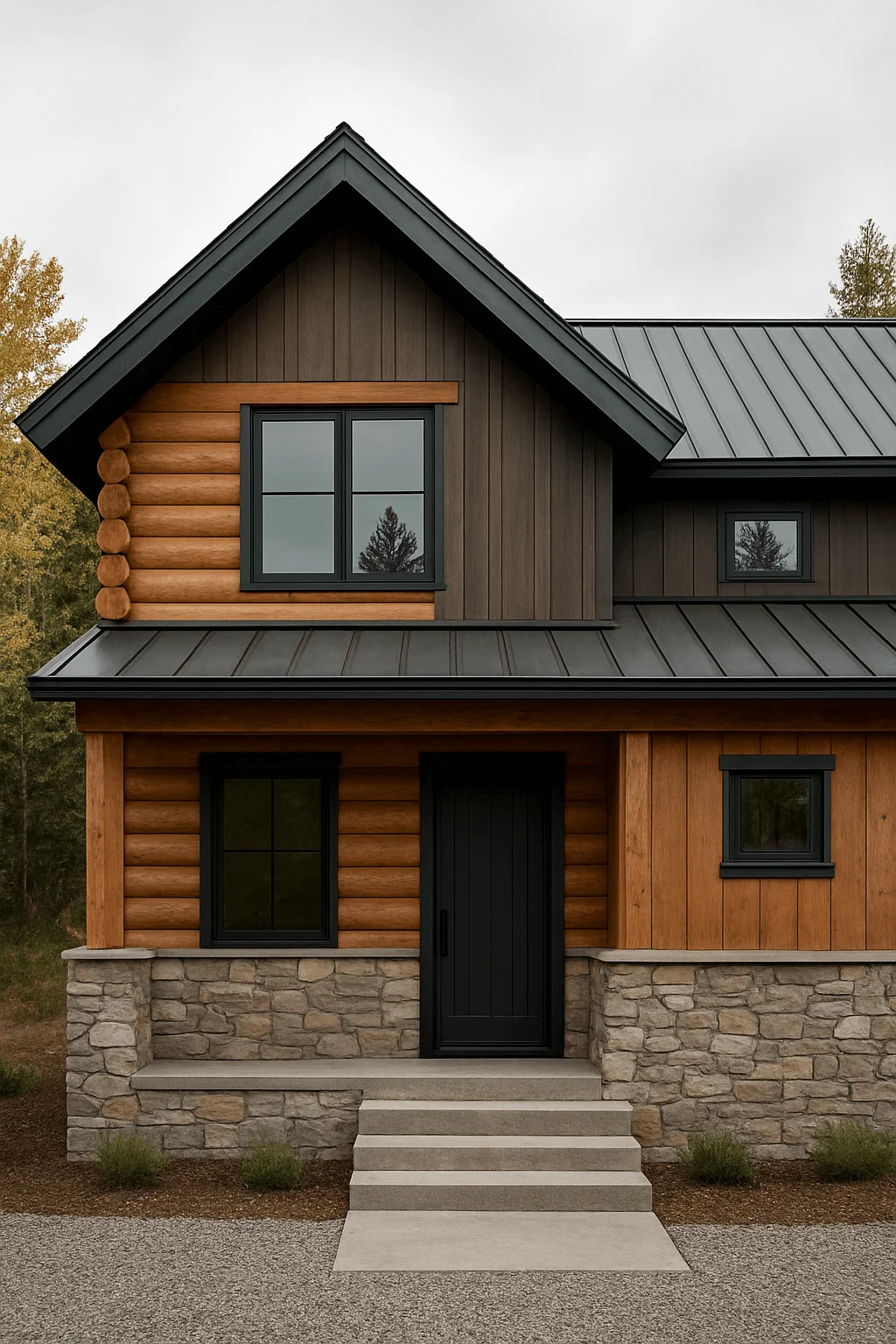 Modern log cabin exterior with mixed materials featuring natural wood, stone foundation, and black metal roof design