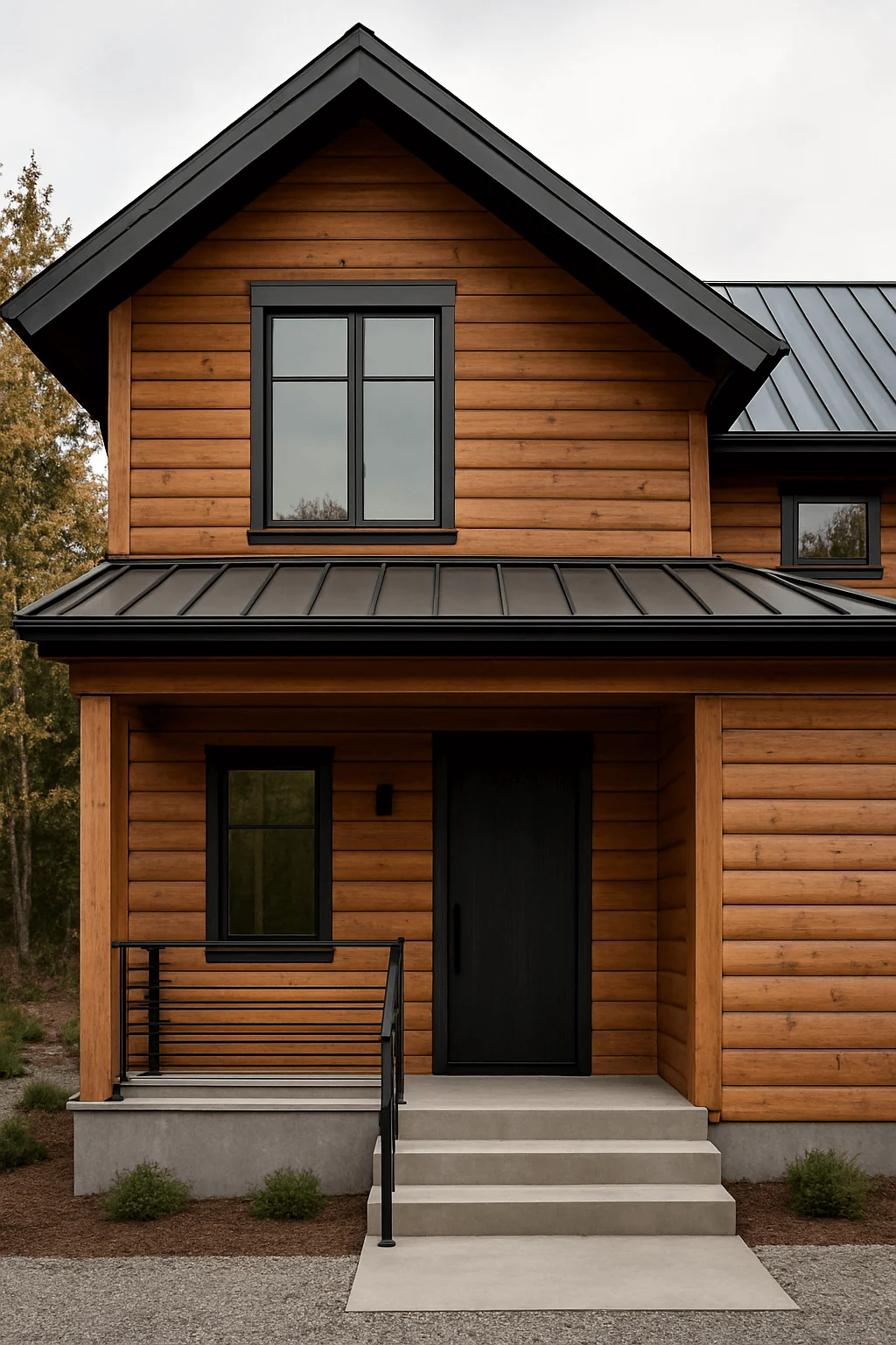 Modern rustic log cabin exterior with natural wood siding, black trim windows, and sleek metal roof design