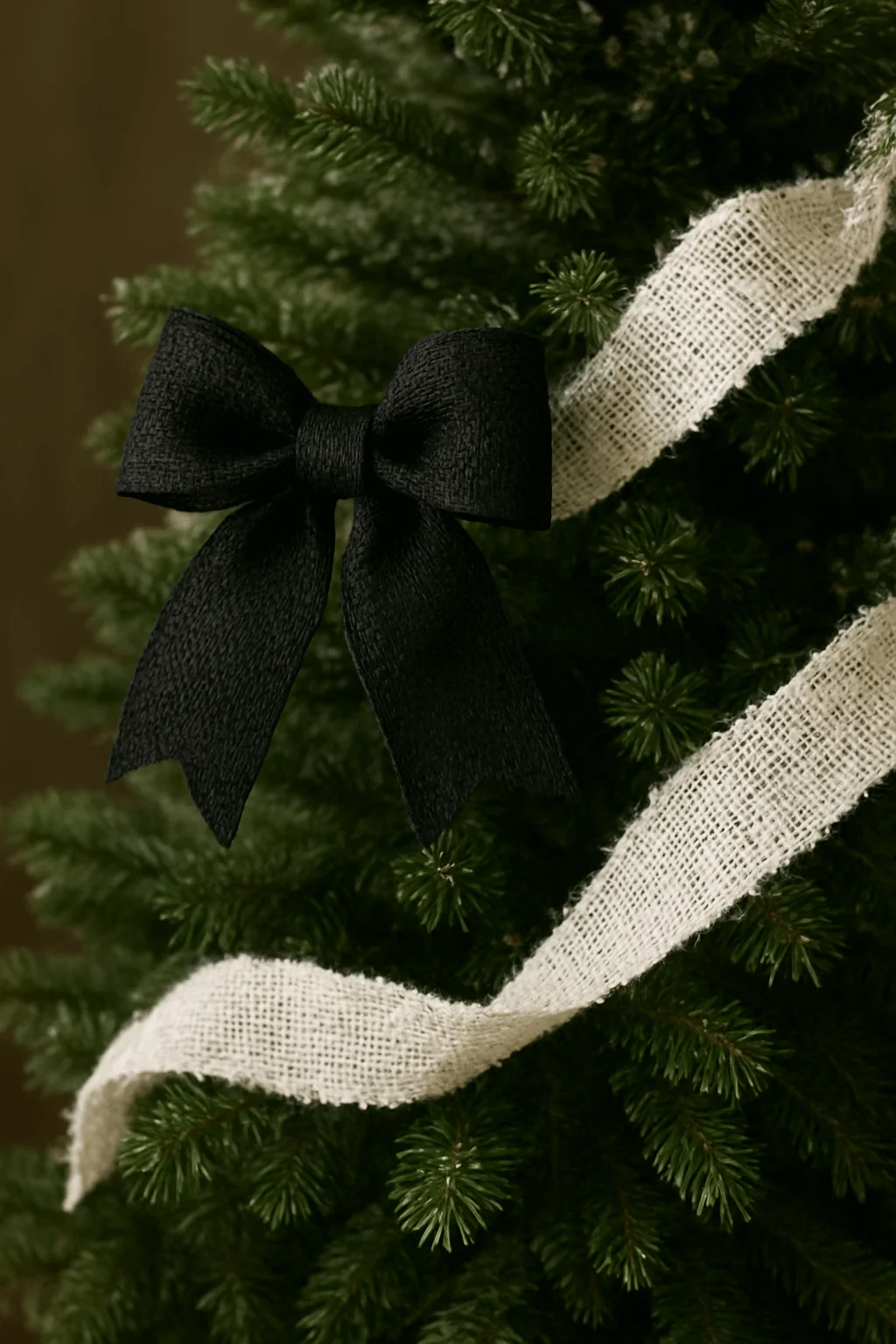 Minimalist Christmas tree decorated with a black burlap bow and white burlap ribbon garland, creating a modern monochrome holiday style